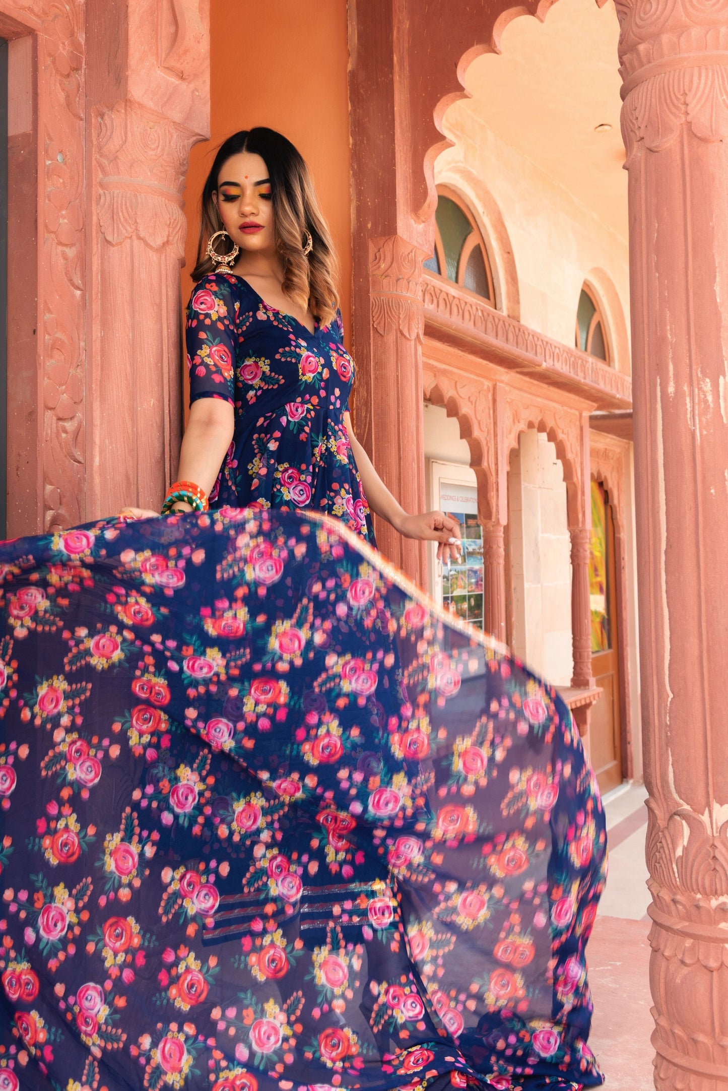 Pomcha Jaipur Manjari Organza Phool Jaal Anarkali Set | Swadesiicart