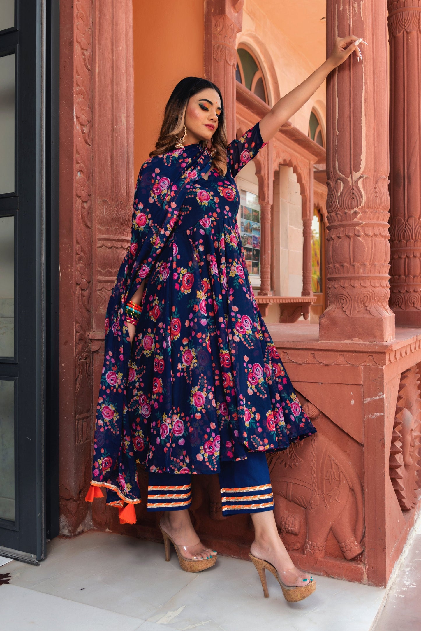 Pomcha Jaipur Manjari Organza Phool Jaal Anarkali Set | Swadesiicart