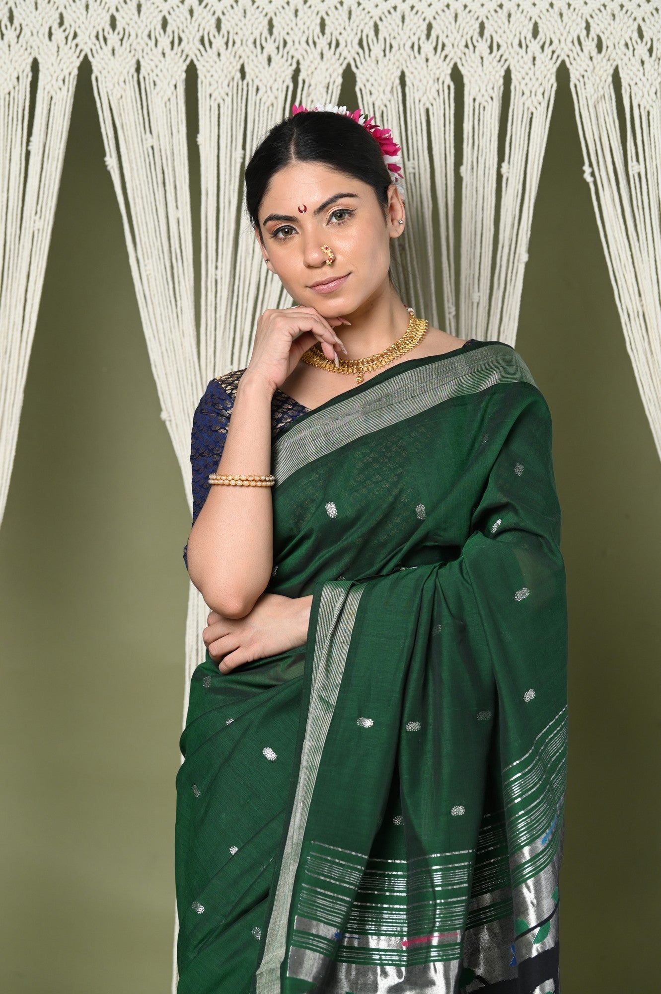 Very Much Indian EXCLUSIVE! Silver Zari Handloom High Quality Pure Cotton Paithani Radha Krishna Pallu | Swadesiicart