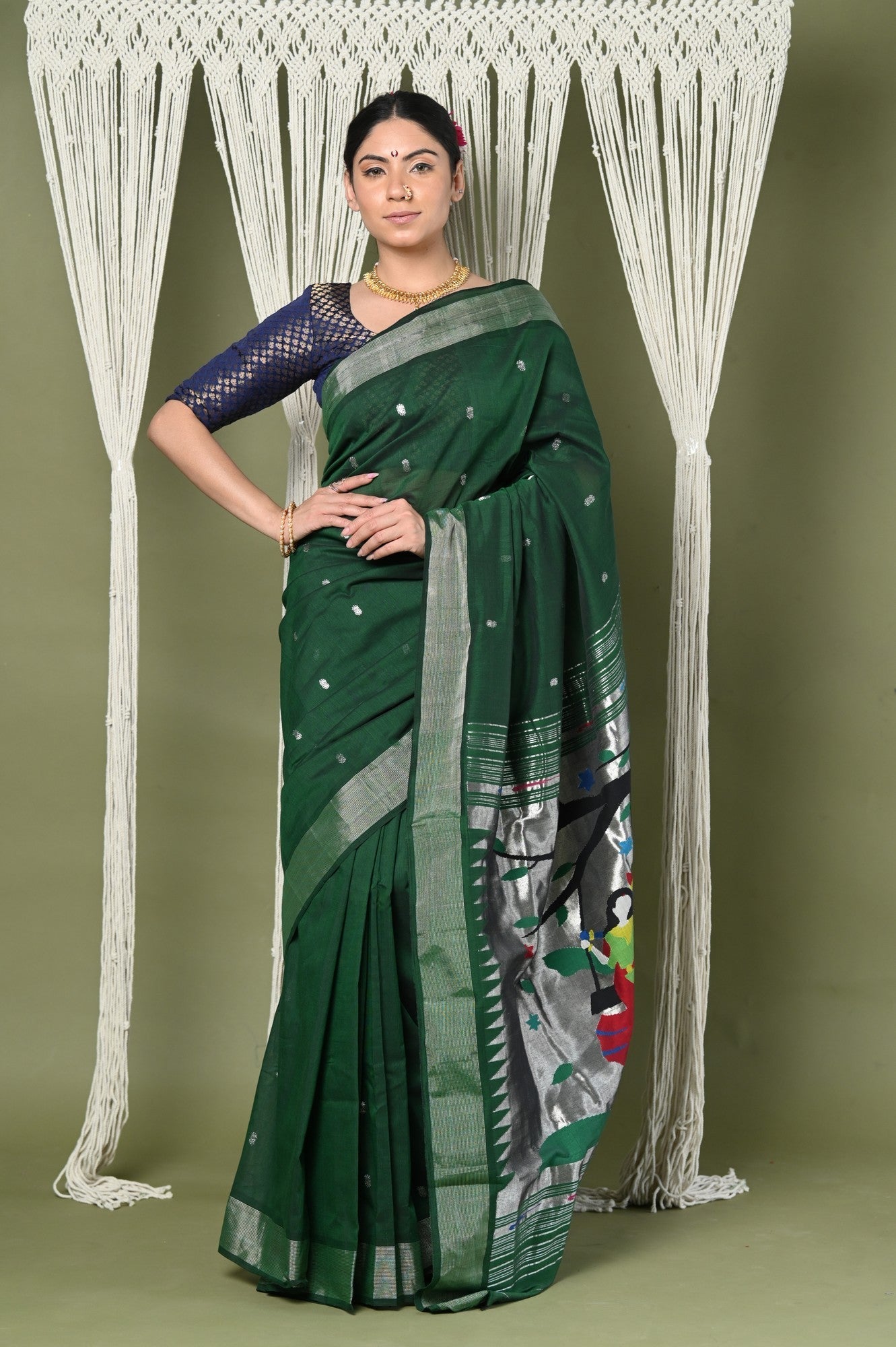 Very Much Indian EXCLUSIVE! Silver Zari Handloom High Quality Pure Cotton Paithani Radha Krishna Pallu | Swadesiicart