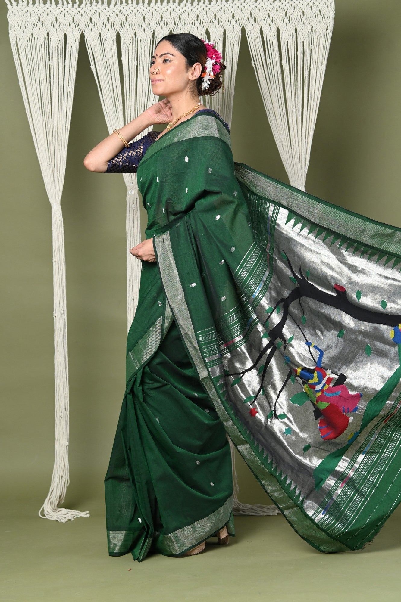 Very Much Indian EXCLUSIVE! Silver Zari Handloom High Quality Pure Cotton Paithani Radha Krishna Pallu | Swadesiicart