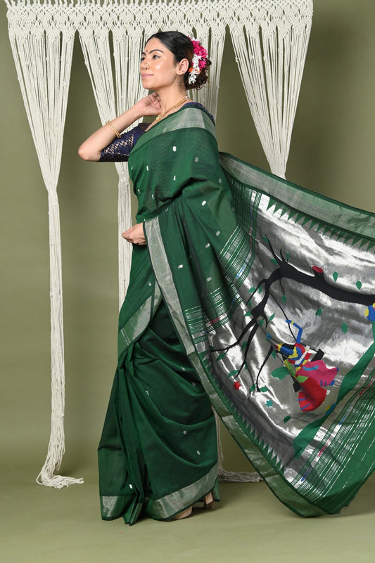 Very Much Indian EXCLUSIVE! Silver Zari Handloom High Quality Pure Cotton Paithani Radha Krishna Pallu | Swadesiicart