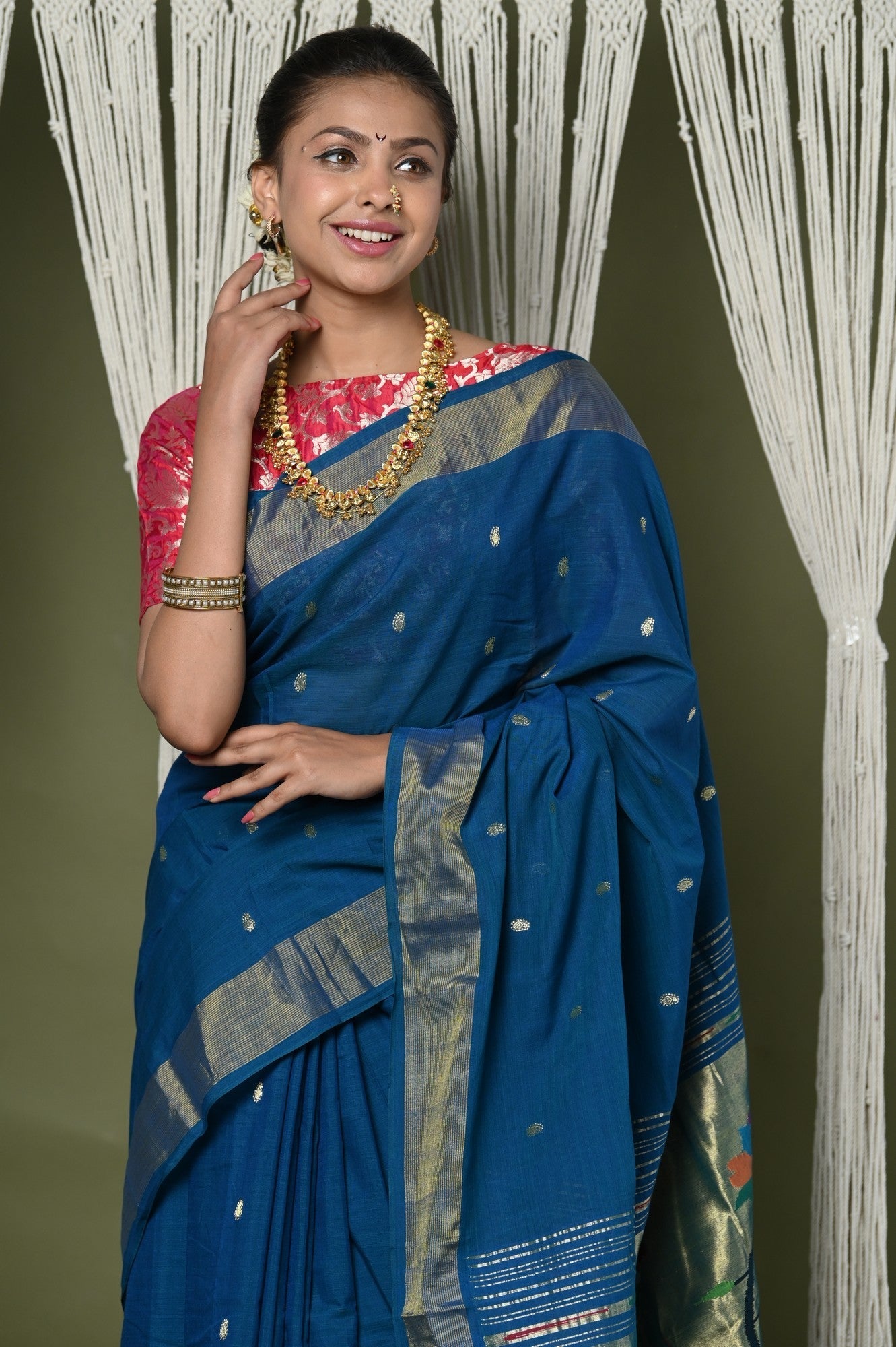 Very Much Indian EXCLUSIVE! Handloom Pure Cotton Paithani With Peacock Pallu - Teal Blue | Swadesiicart