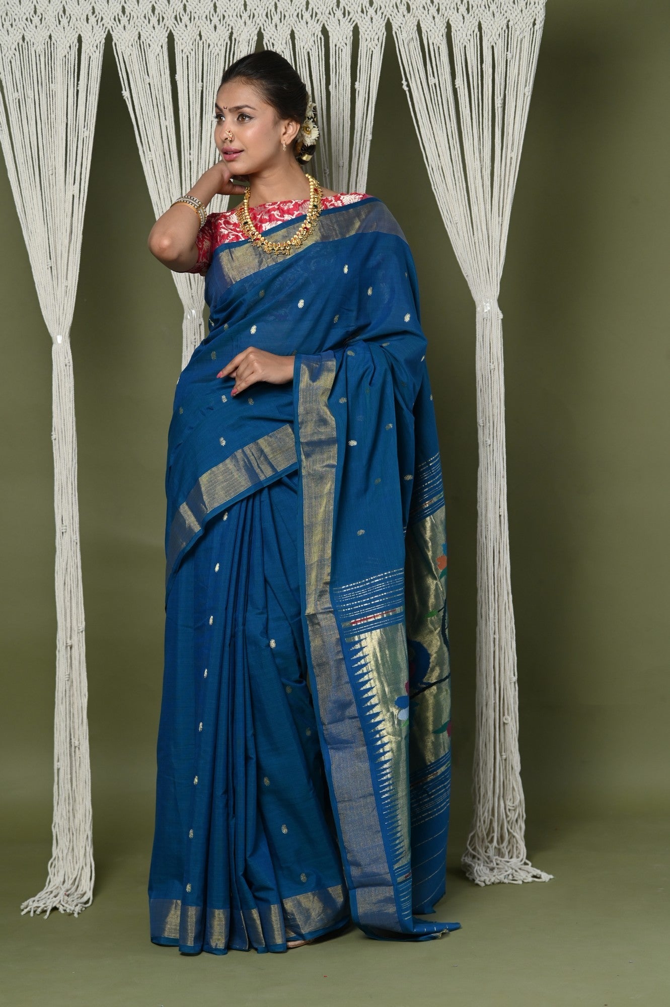 Very Much Indian EXCLUSIVE! Handloom Pure Cotton Paithani With Peacock Pallu - Teal Blue | Swadesiicart