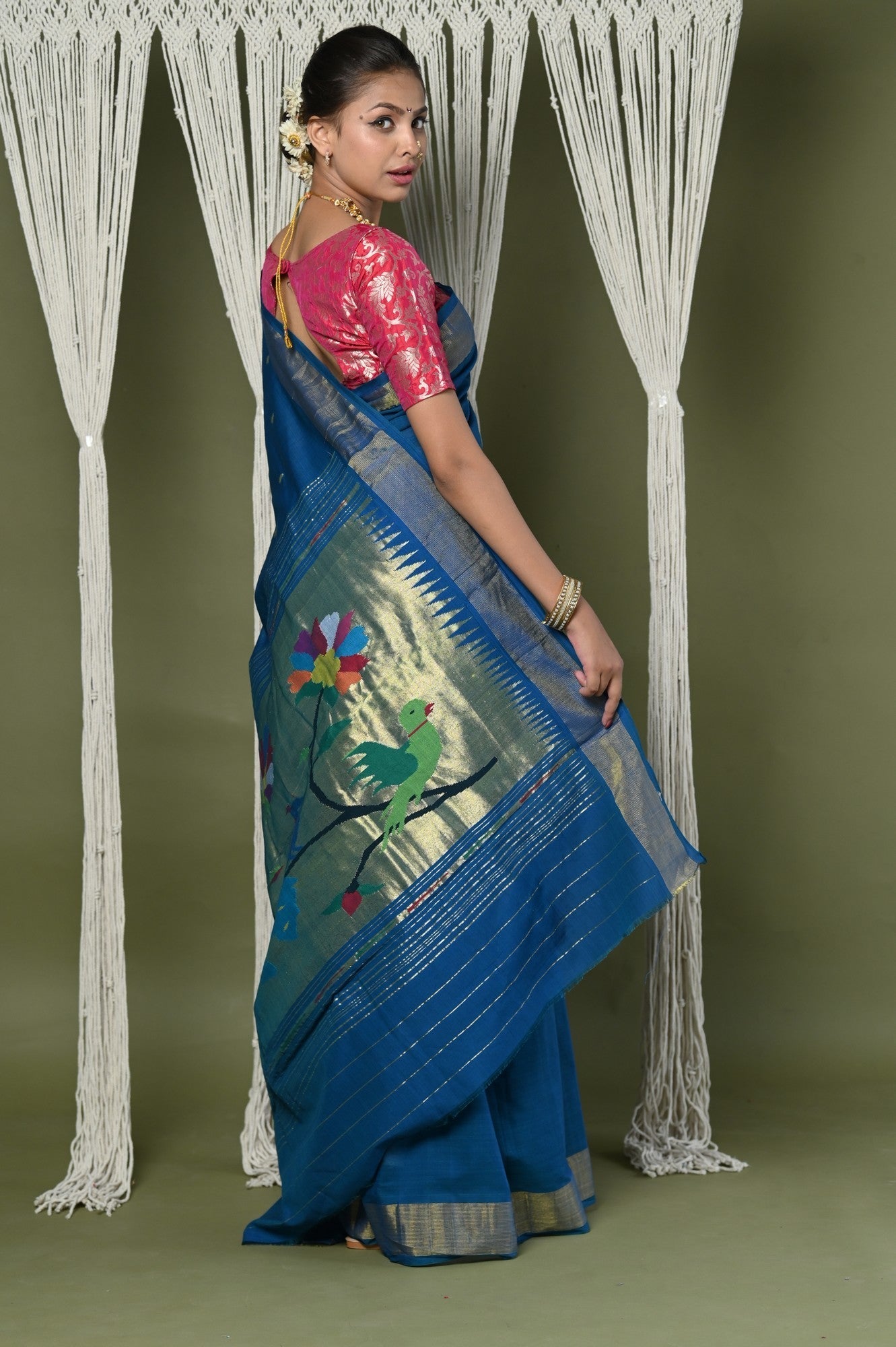 Very Much Indian EXCLUSIVE! Handloom Pure Cotton Paithani With Peacock Pallu - Teal Blue | Swadesiicart