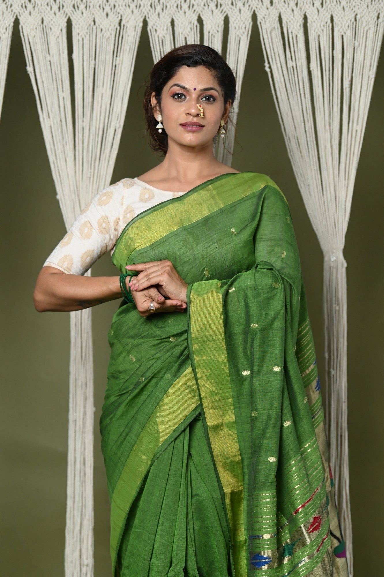 Very Much Indian EXCLUSIVE! Handloom Pure Cotton Paithani With Peacock Pallu - Blade Green | Swadesiicart