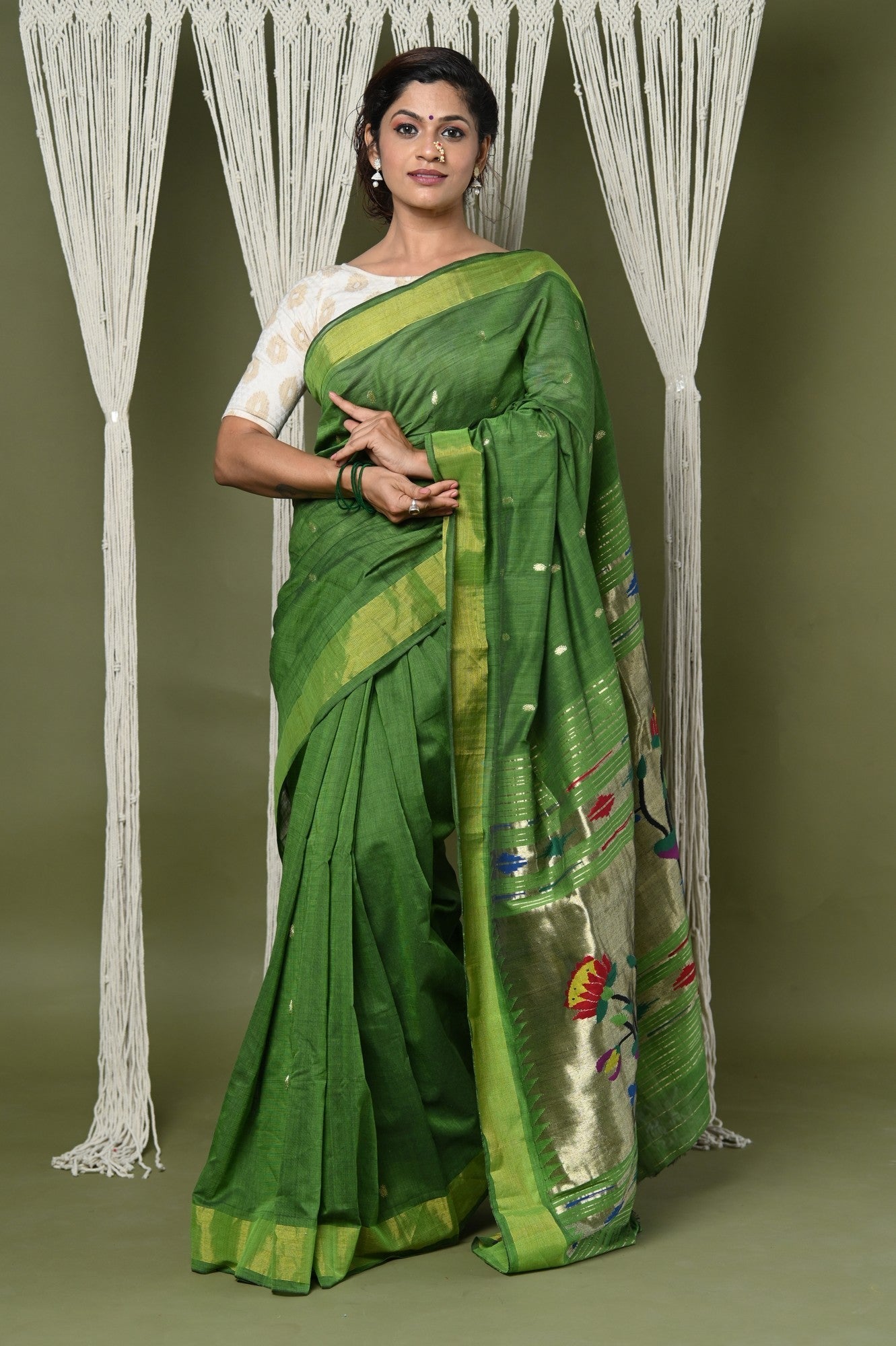 Very Much Indian EXCLUSIVE! Handloom Pure Cotton Paithani With Peacock Pallu - Blade Green | Swadesiicart