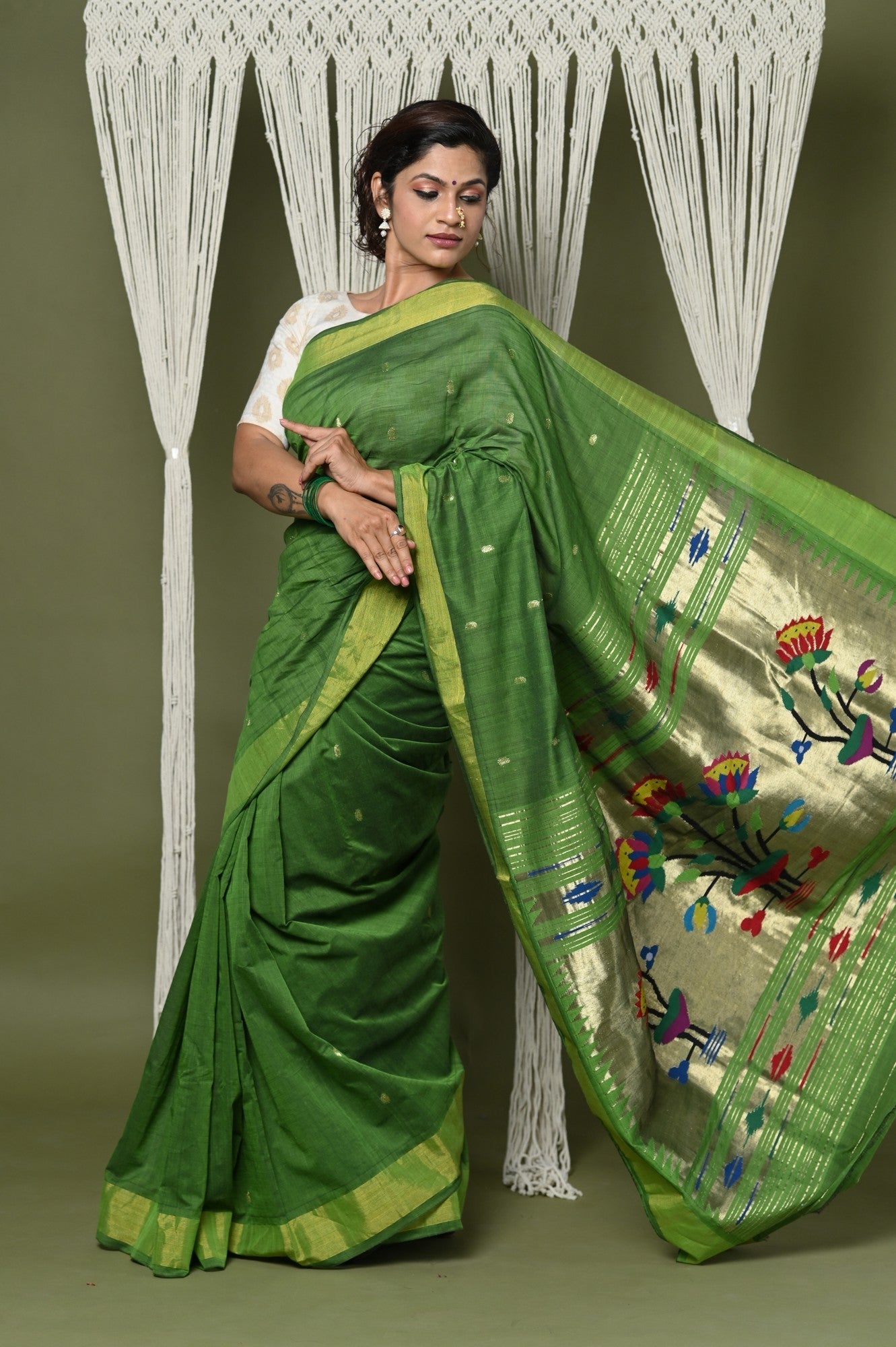 Very Much Indian EXCLUSIVE! Handloom Pure Cotton Paithani With Peacock Pallu - Blade Green | Swadesiicart