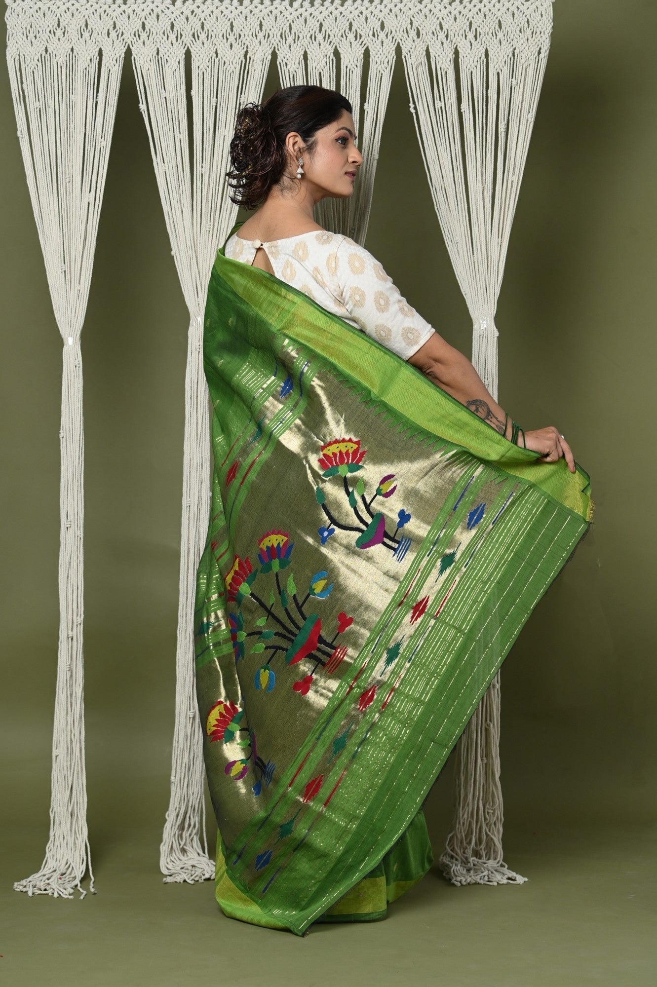 Very Much Indian EXCLUSIVE! Handloom Pure Cotton Paithani With Peacock Pallu - Blade Green | Swadesiicart