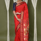 Very Much Indian EXCLUSIVE! Handloom Pure Cotton Paithani With Asawali Pallu - Bright Red | Swadesiicart