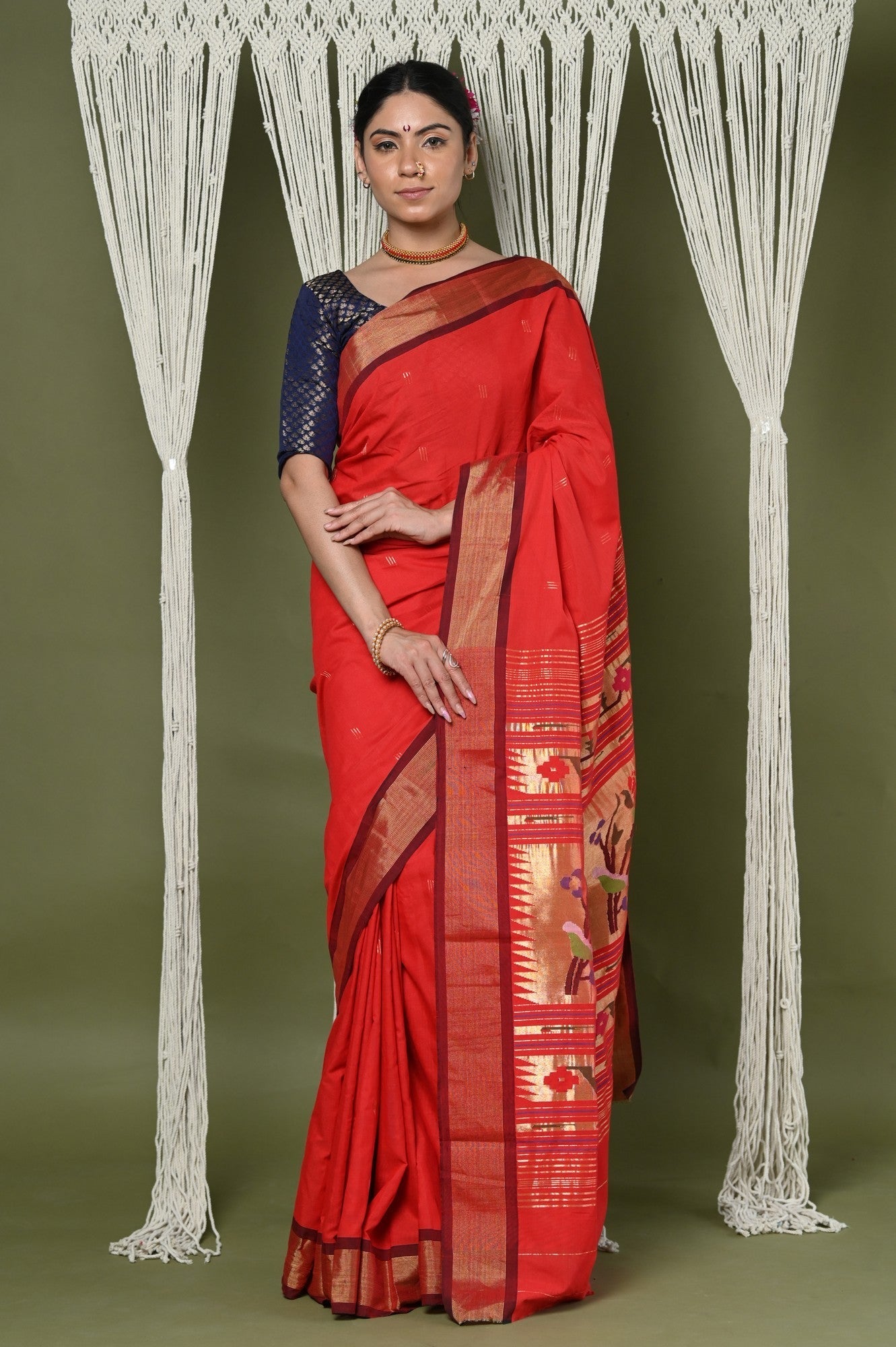 Very Much Indian EXCLUSIVE! Handloom Pure Cotton Paithani With Asawali Pallu - Bright Red | Swadesiicart