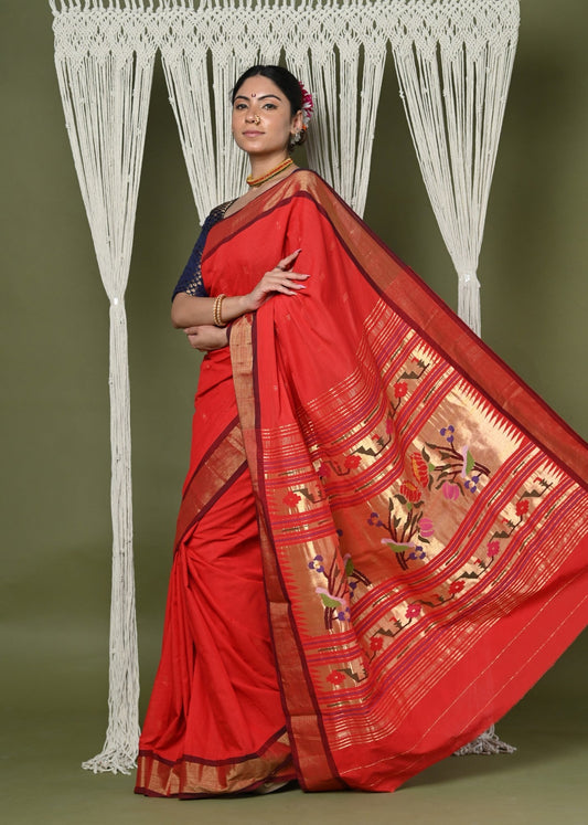 Very Much Indian EXCLUSIVE! Handloom Pure Cotton Paithani With Asawali Pallu - Bright Red | Swadesiicart