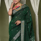 Very Much Indian EXCLUSIVE! Silver Zari Handloom Pure Cotton Paithani With Parrot Pallu - Forest Green | Swadesiicart