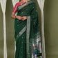 Very Much Indian EXCLUSIVE! Silver Zari Handloom Pure Cotton Paithani With Parrot Pallu - Forest Green | Swadesiicart