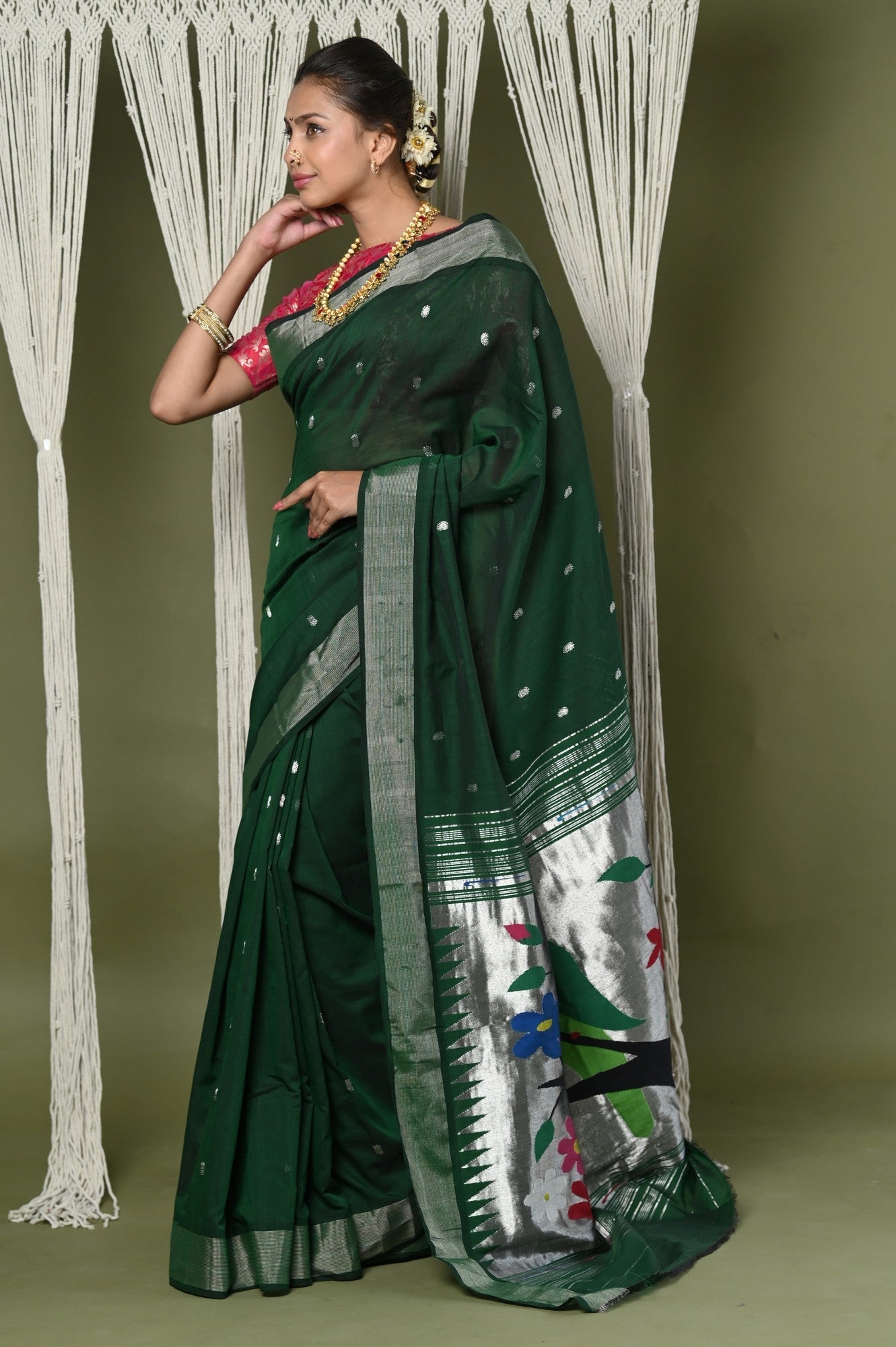 Very Much Indian EXCLUSIVE! Silver Zari Handloom Pure Cotton Paithani With Parrot Pallu - Forest Green | Swadesiicart