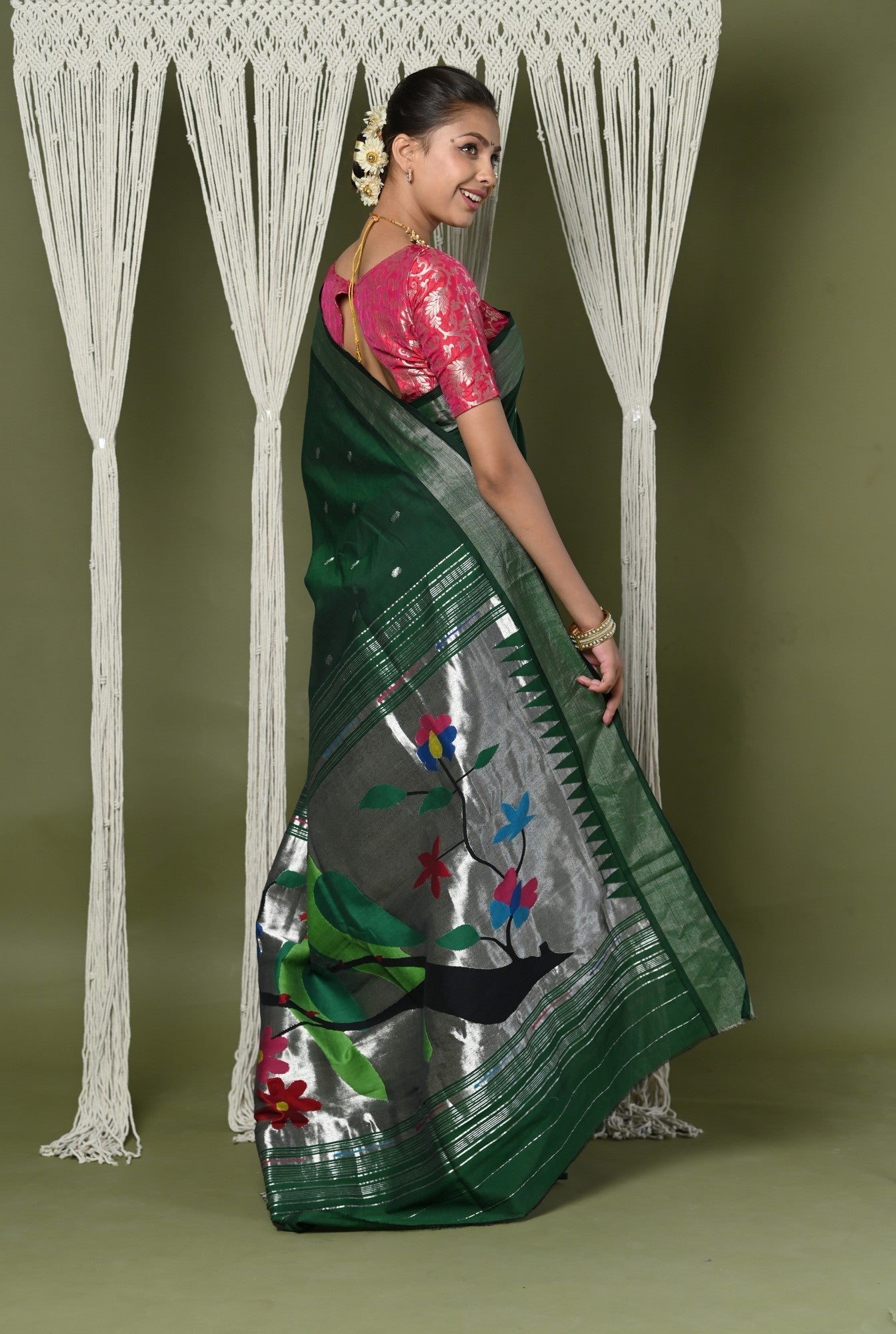 Very Much Indian EXCLUSIVE! Silver Zari Handloom Pure Cotton Paithani With Parrot Pallu - Forest Green | Swadesiicart