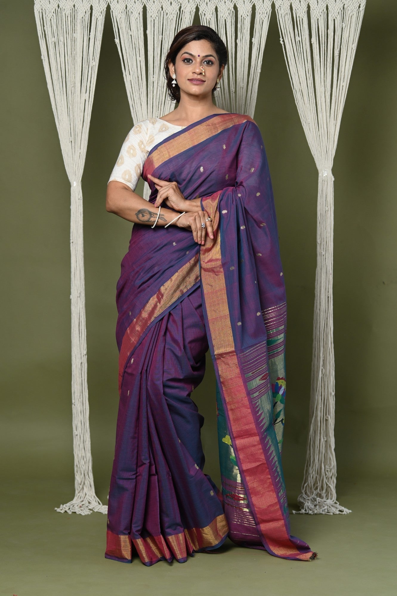 Very Much Indian EXCLUSIVE! Handloom Pure Cotton Paithani With Lotus Pallu - Dark Violet | Swadesiicart