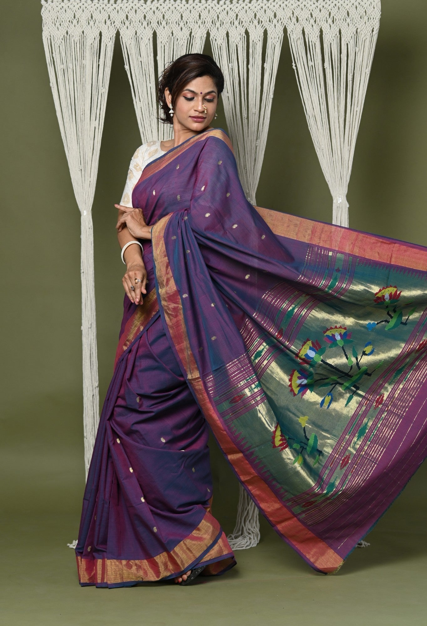 Very Much Indian EXCLUSIVE! Handloom Pure Cotton Paithani With Lotus Pallu - Dark Violet | Swadesiicart