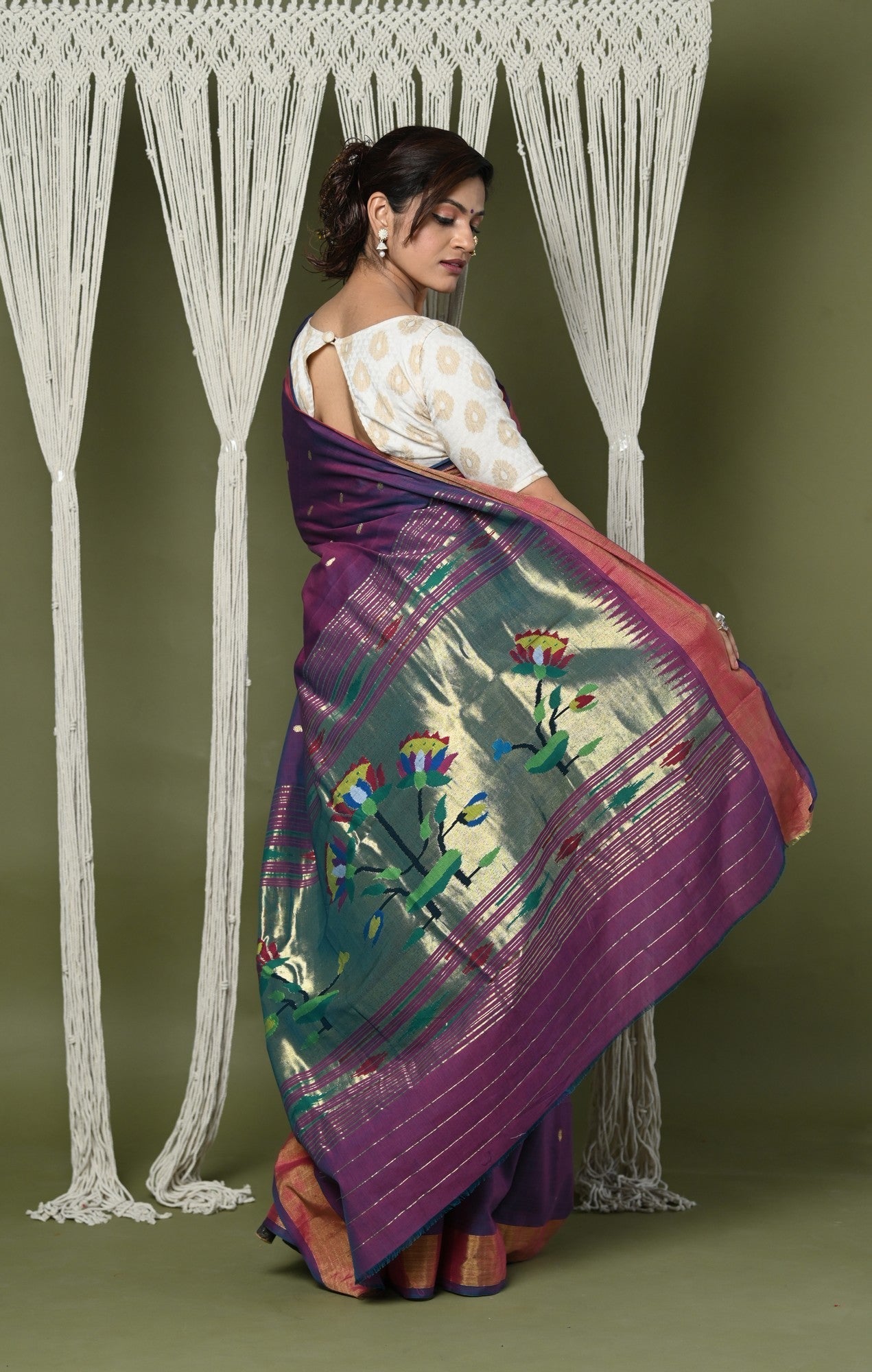 Very Much Indian EXCLUSIVE! Handloom Pure Cotton Paithani With Lotus Pallu - Dark Violet | Swadesiicart