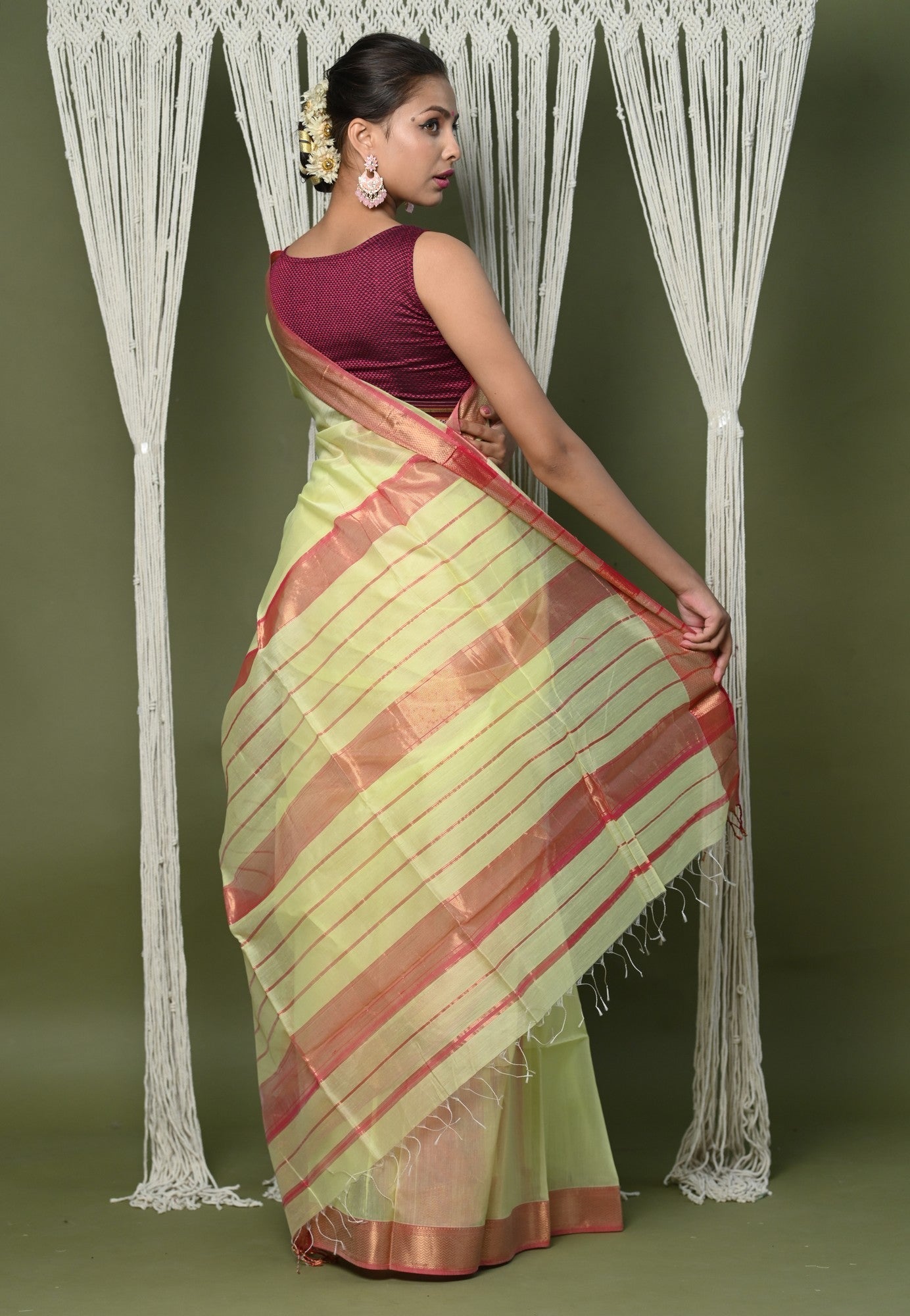 Very Much Indian Handloom Cotton Silk Saree With Sleek Golden Border - chartreuse green | Swadesiicart