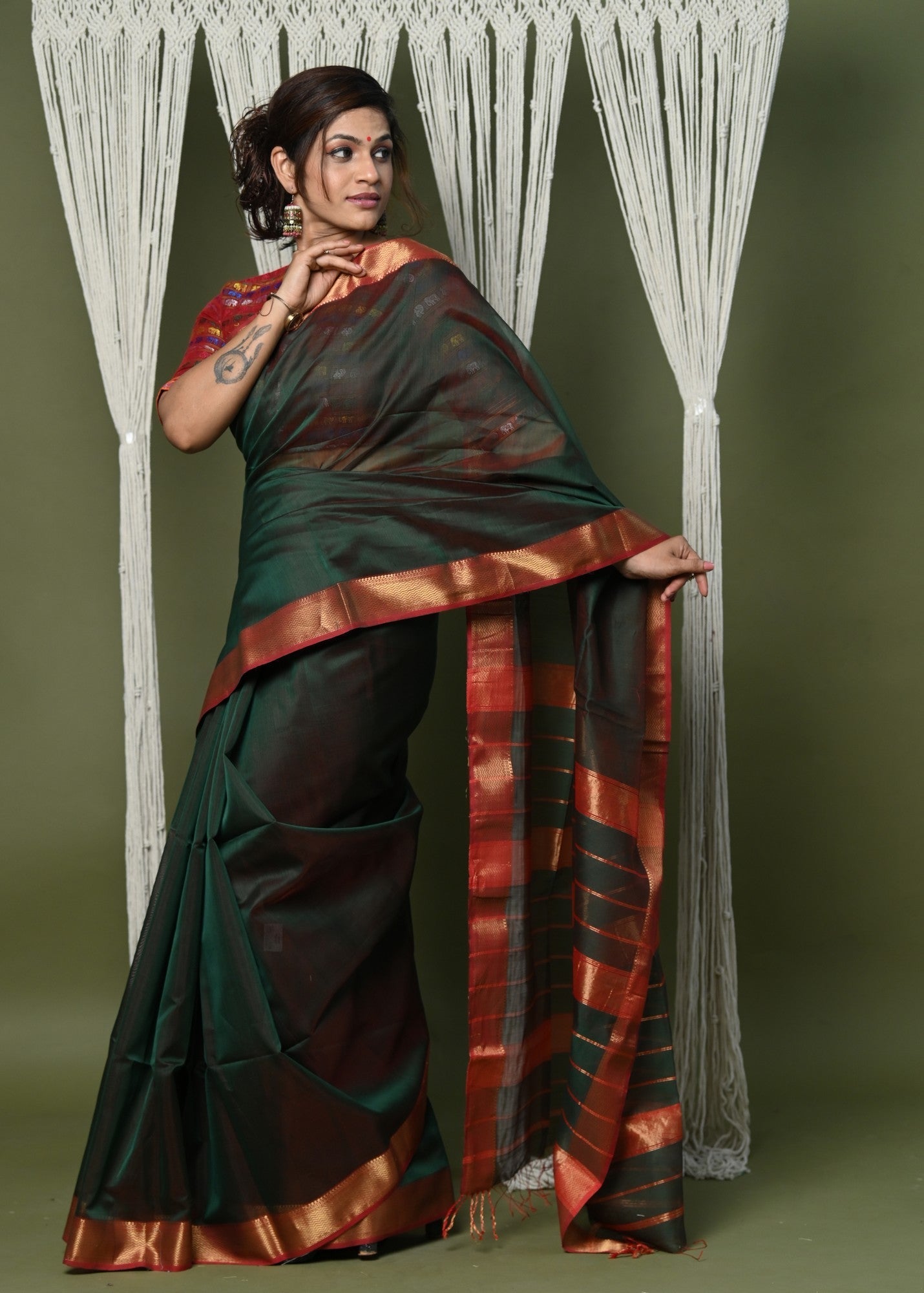 Very Much Indian Handloom Cotton Silk Saree With Sleek Golden Border - dark green | Swadesiicart