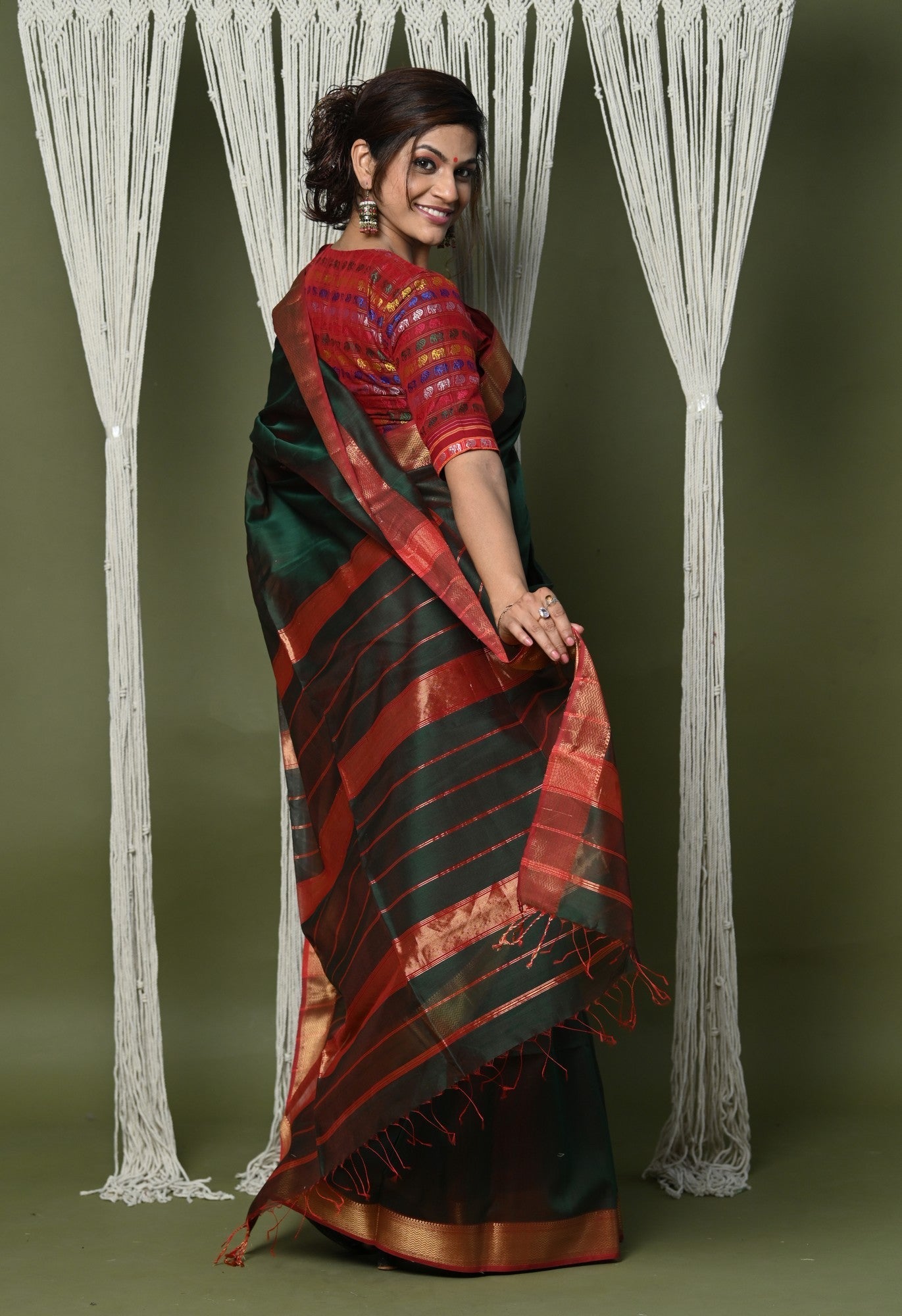 Very Much Indian Handloom Cotton Silk Saree With Sleek Golden Border - dark green | Swadesiicart