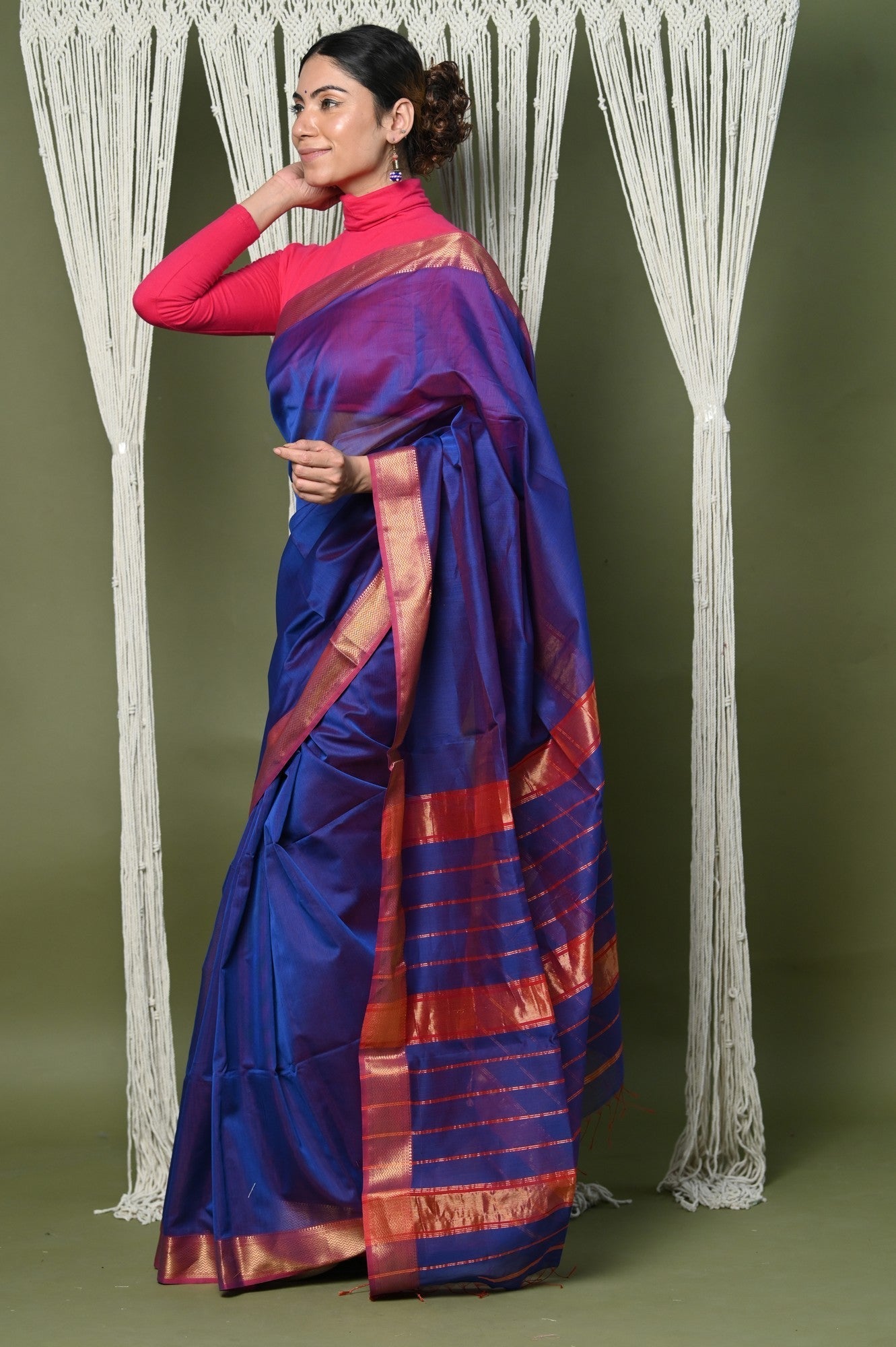 Very Much Indian Handloom Cotton Silk Saree With Sleek Golden Border - dark blue | Swadesiicart