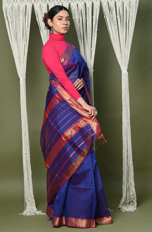 Very Much Indian Handloom Cotton Silk Saree With Sleek Golden Border - dark blue | Swadesiicart