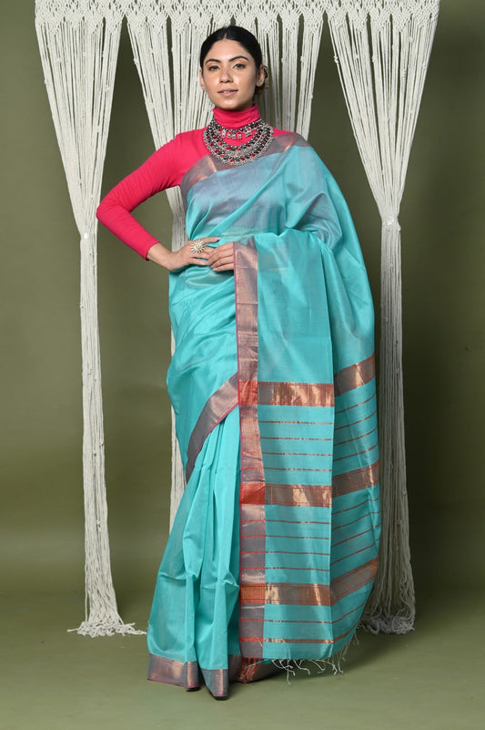 Very Much Indian Handloom Cotton Silk Saree With Sleek Golden Border - sky blue | Swadesiicart