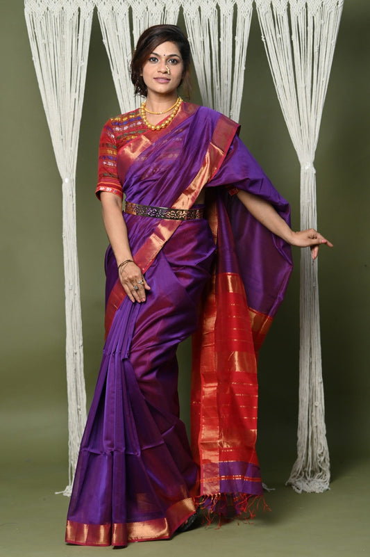 Very Much Indian Handloom Cotton Silk Saree With Sleek Golden Border - purple | Swadesiicart