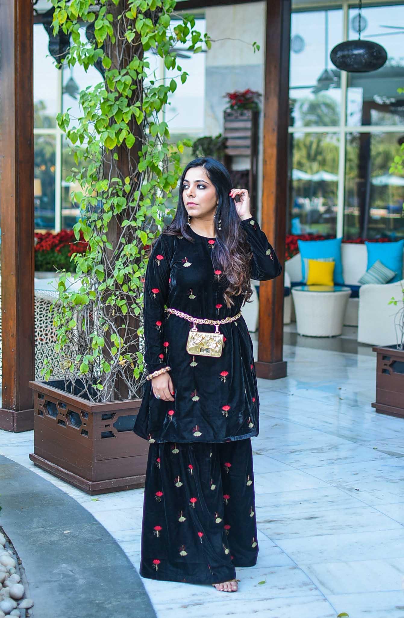 trueBrowns Black Velvet Embroidered Kurta Sharara Set | Swadesiicart