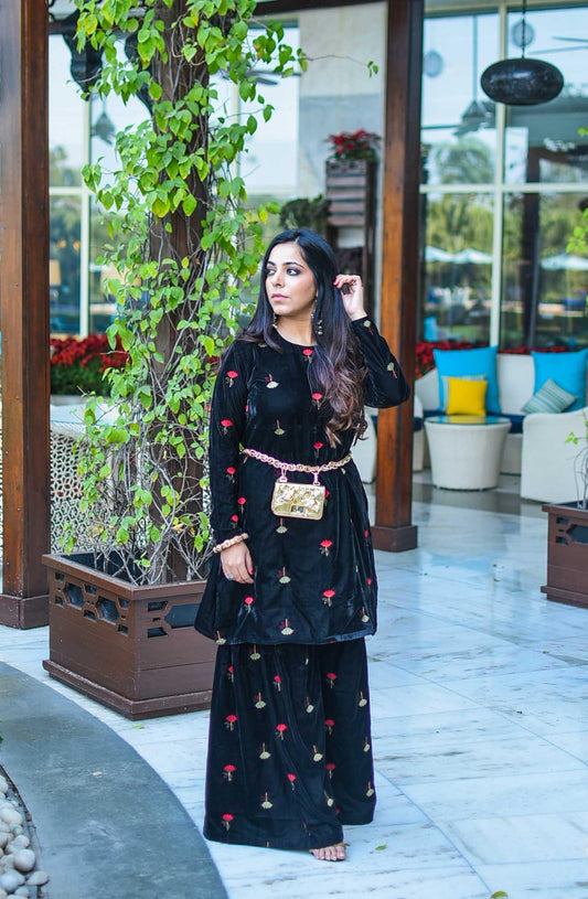 trueBrowns Black Velvet Embroidered Kurta Sharara Set | Swadesiicart