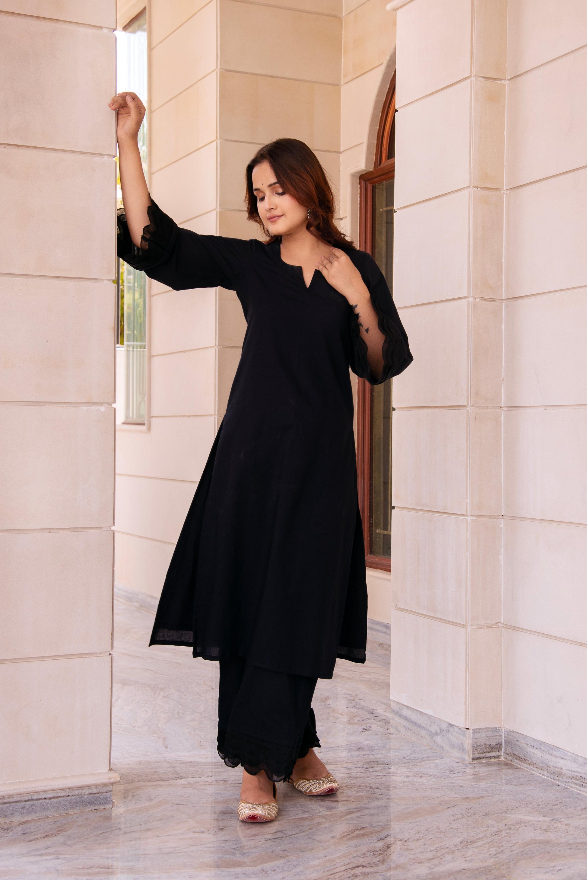 Pomcha Jaipur Kapas Pure Black Co-Ord Set - Swadesiicart