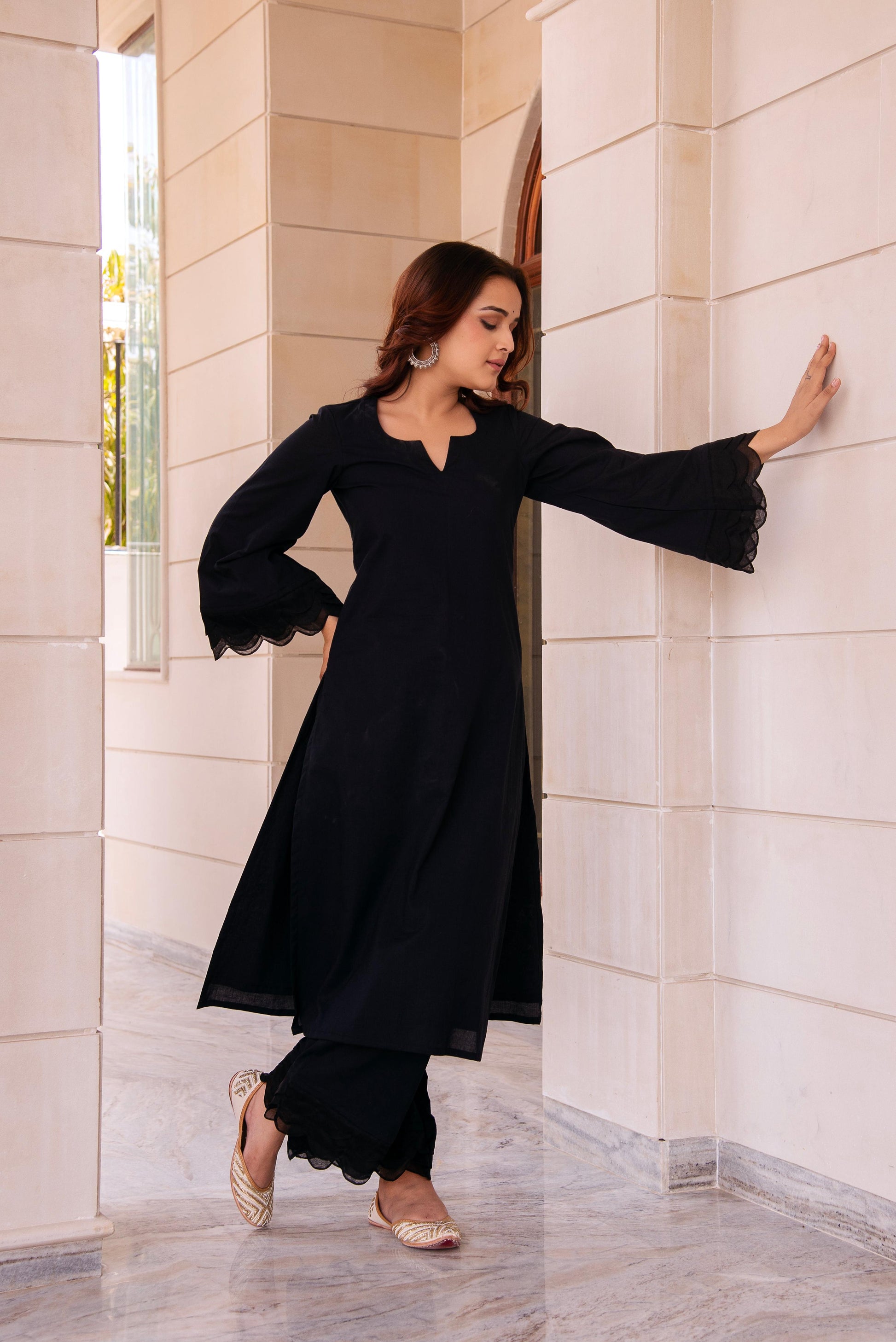 Pomcha Jaipur Kapas Pure Black Co-Ord Set - Swadesiicart