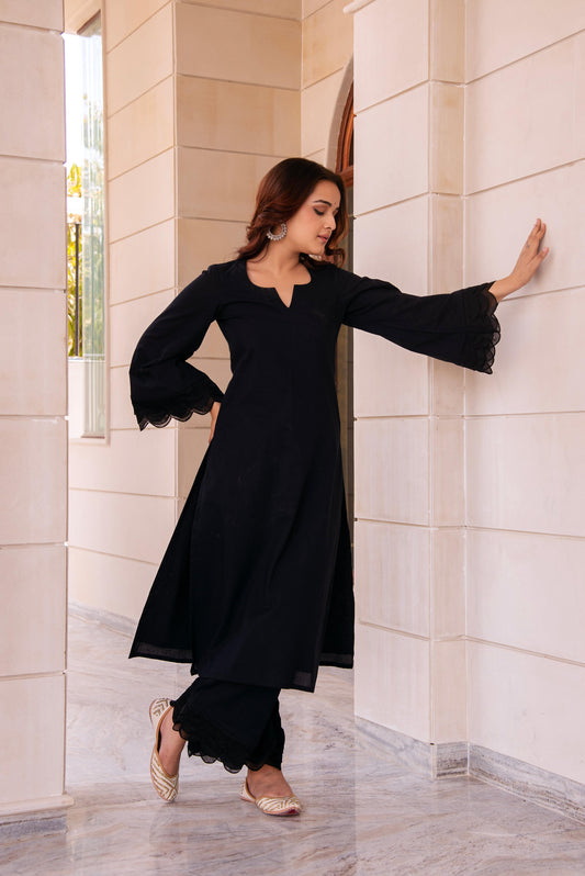 Pomcha Jaipur Kapas Pure Black Co-Ord Set - Swadesiicart
