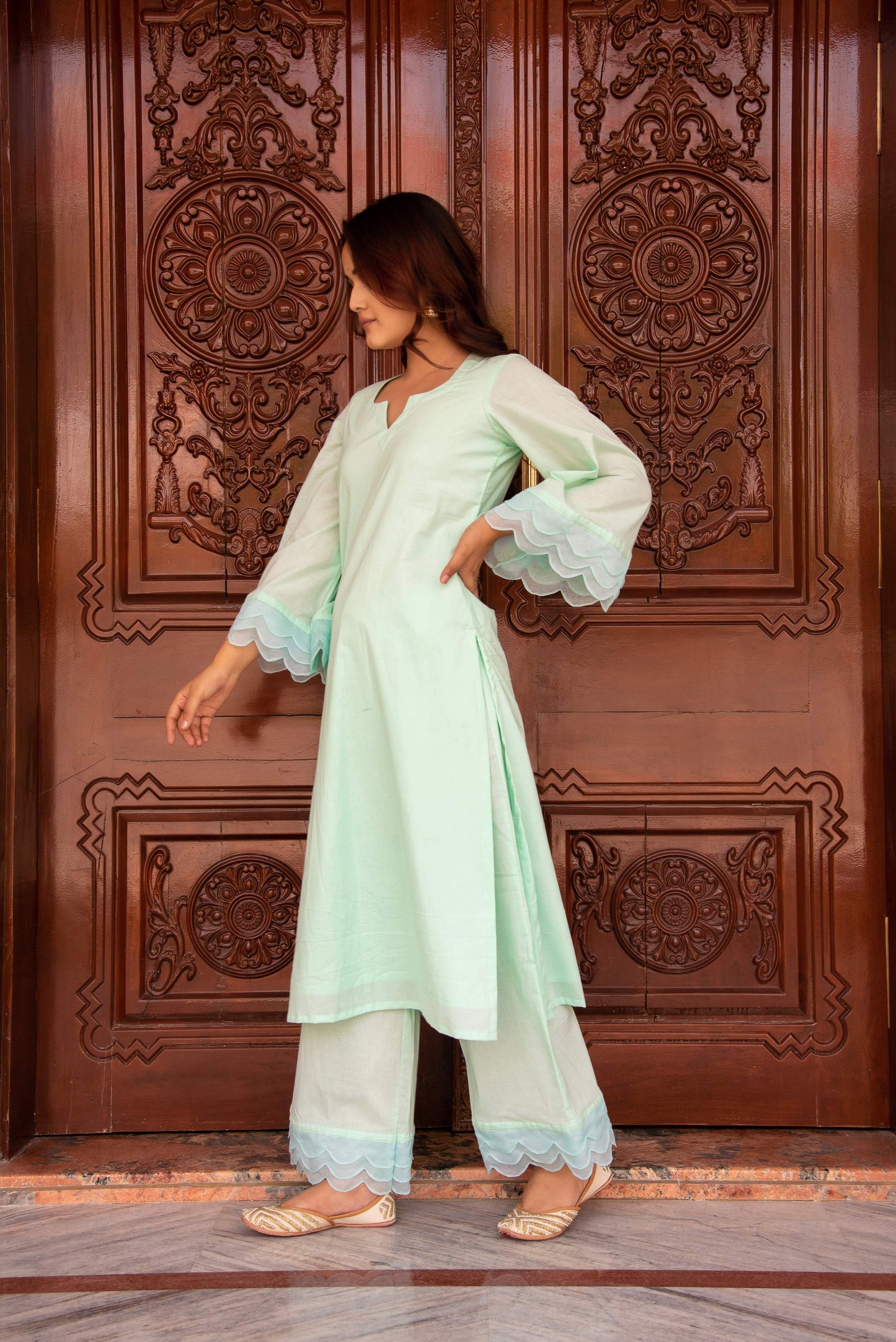 Pomcha Jaipur Kapas Pastel Green Co-Ord Set - Swadesiicart