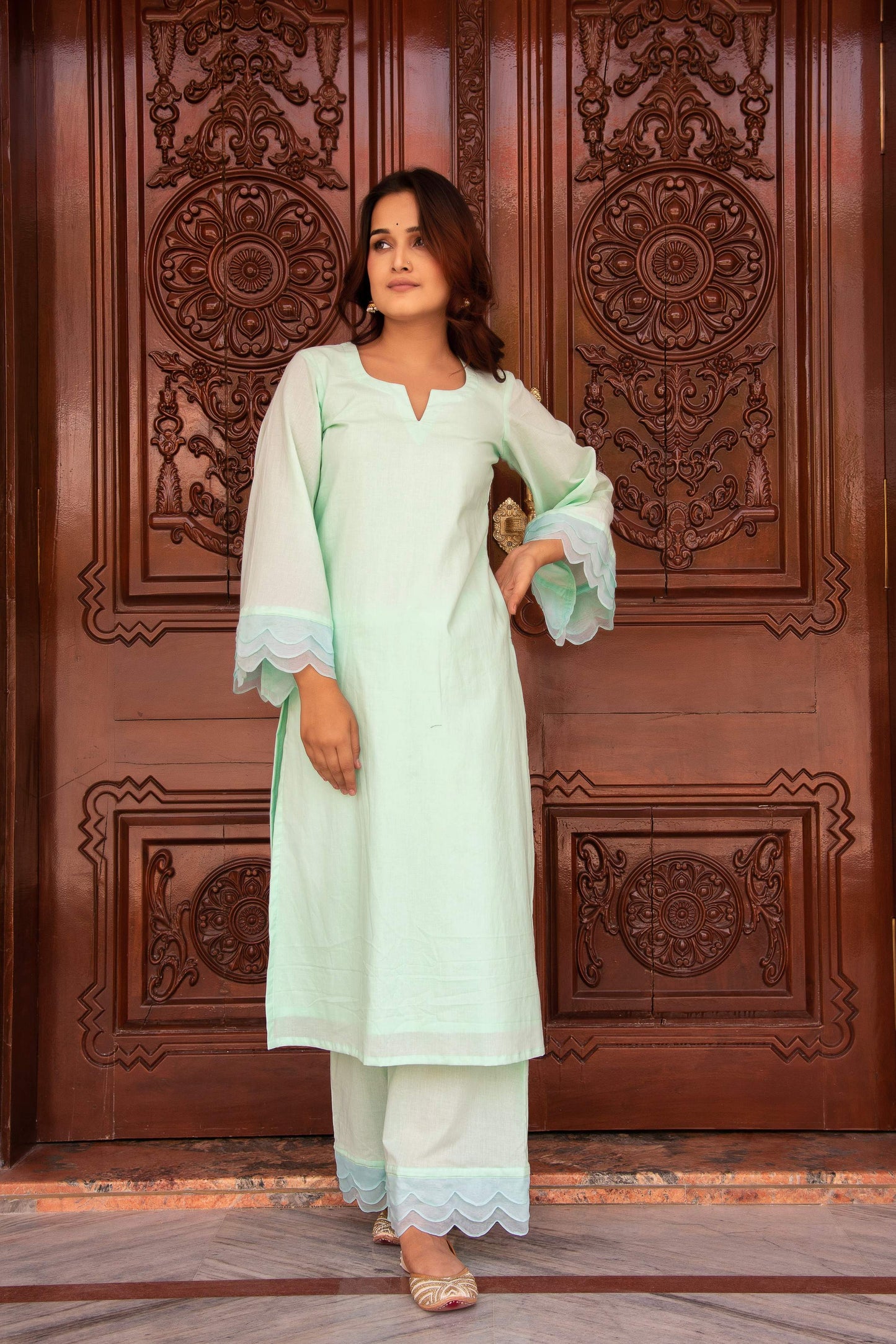 Pomcha Jaipur Kapas Pastel Green Co-Ord Set - Swadesiicart