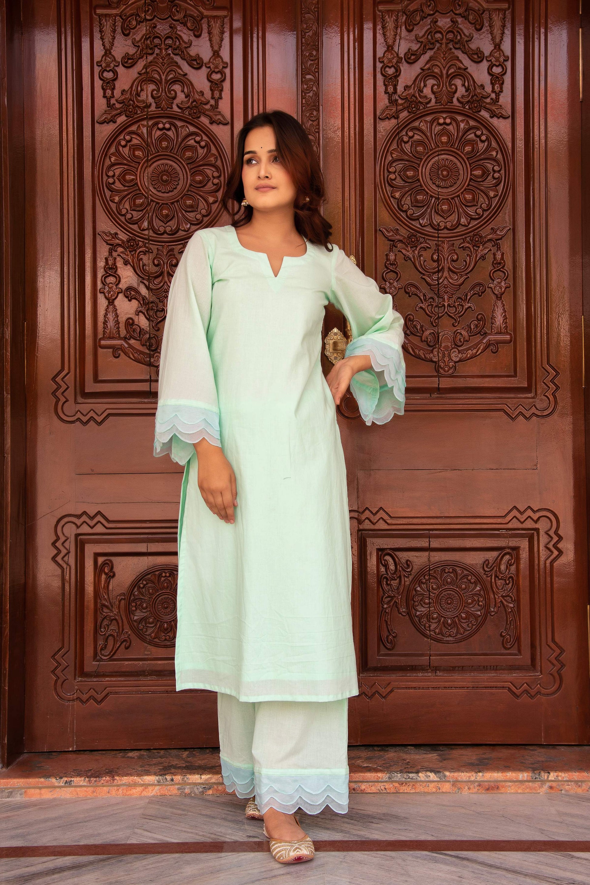 Pomcha Jaipur Kapas Pastel Green Co-Ord Set - Swadesiicart