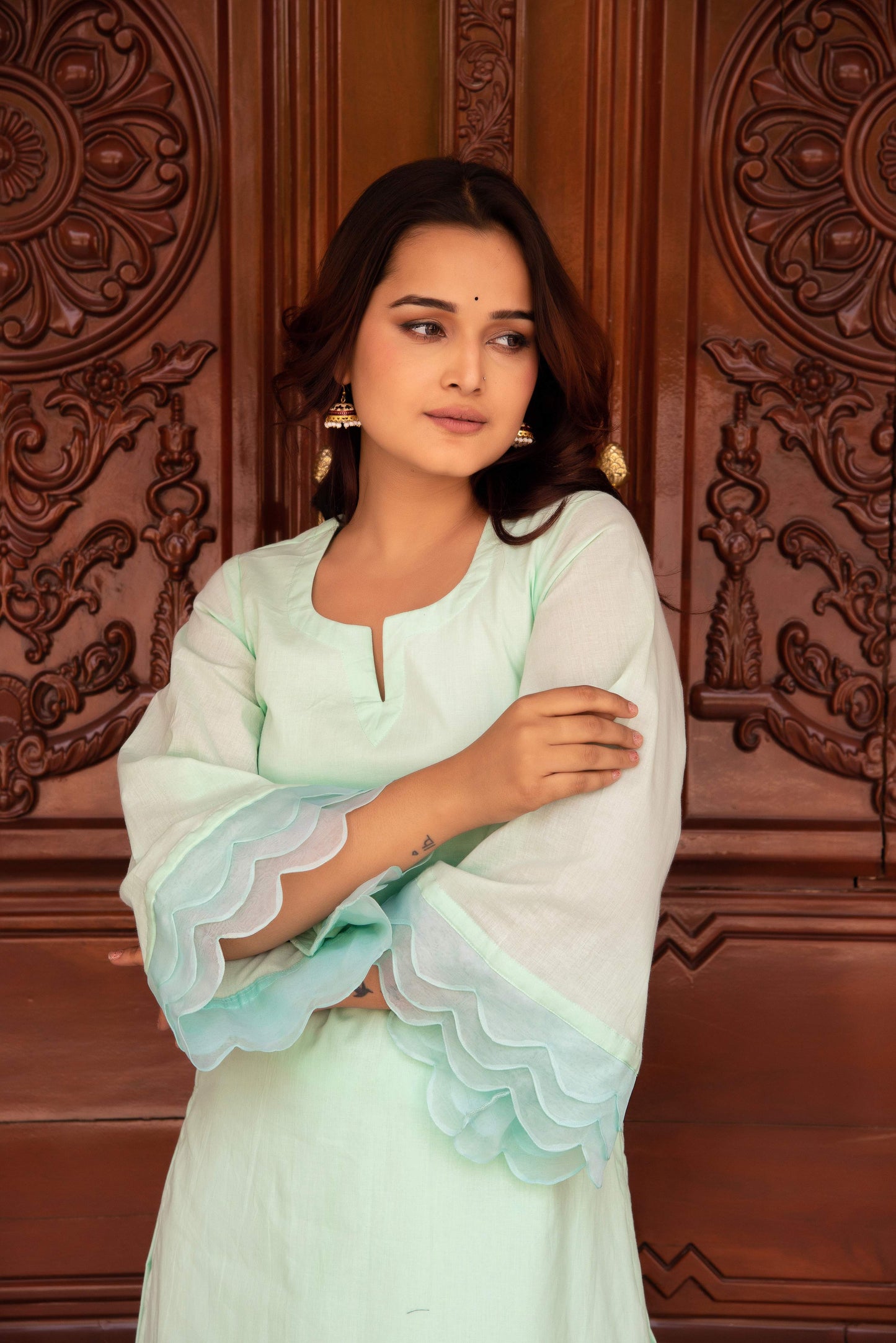 Pomcha Jaipur Kapas Pastel Green Co-Ord Set - Swadesiicart
