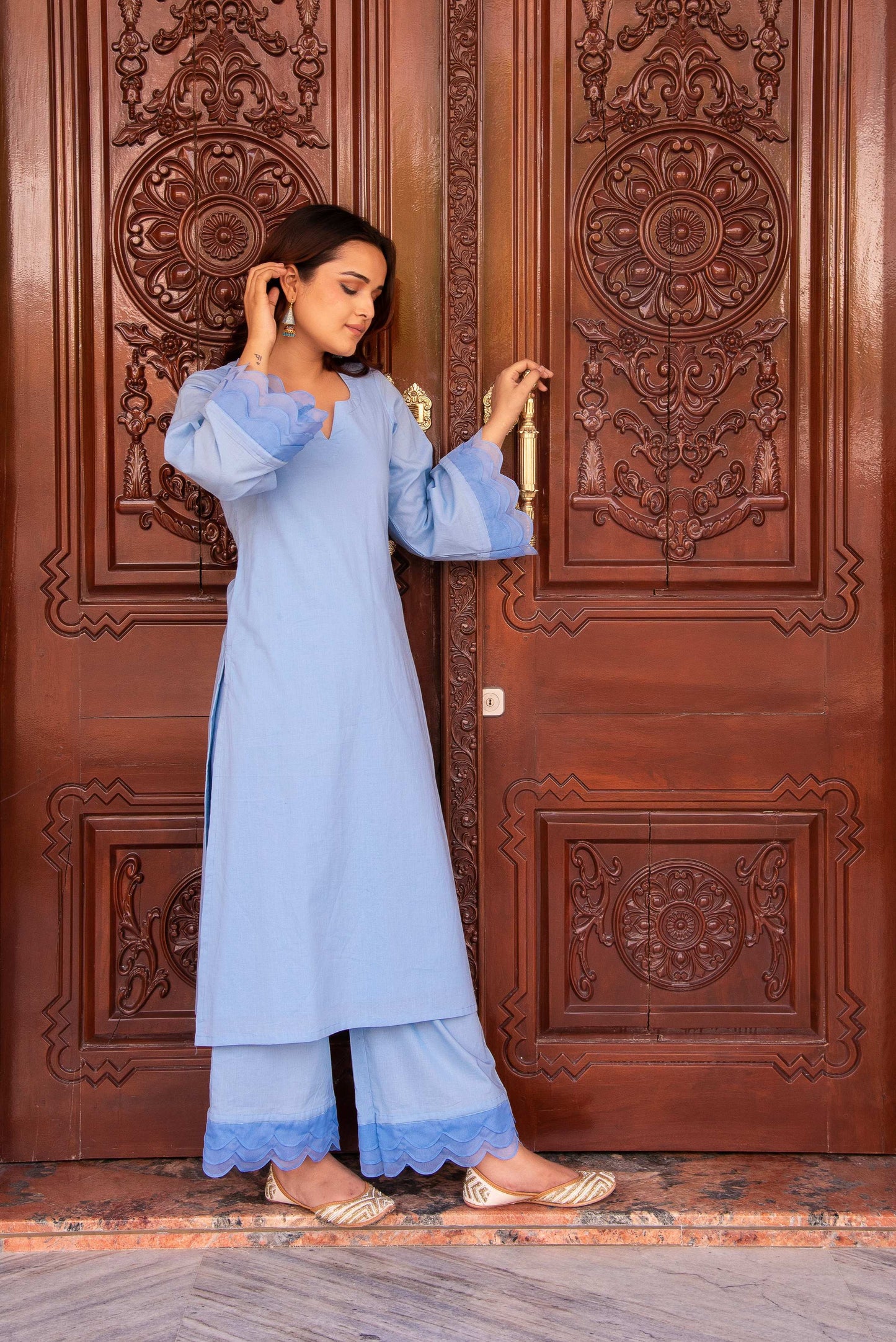 Pomcha Jaipur Kapas Powder Blue Co-Ord Set - Swadesiicart