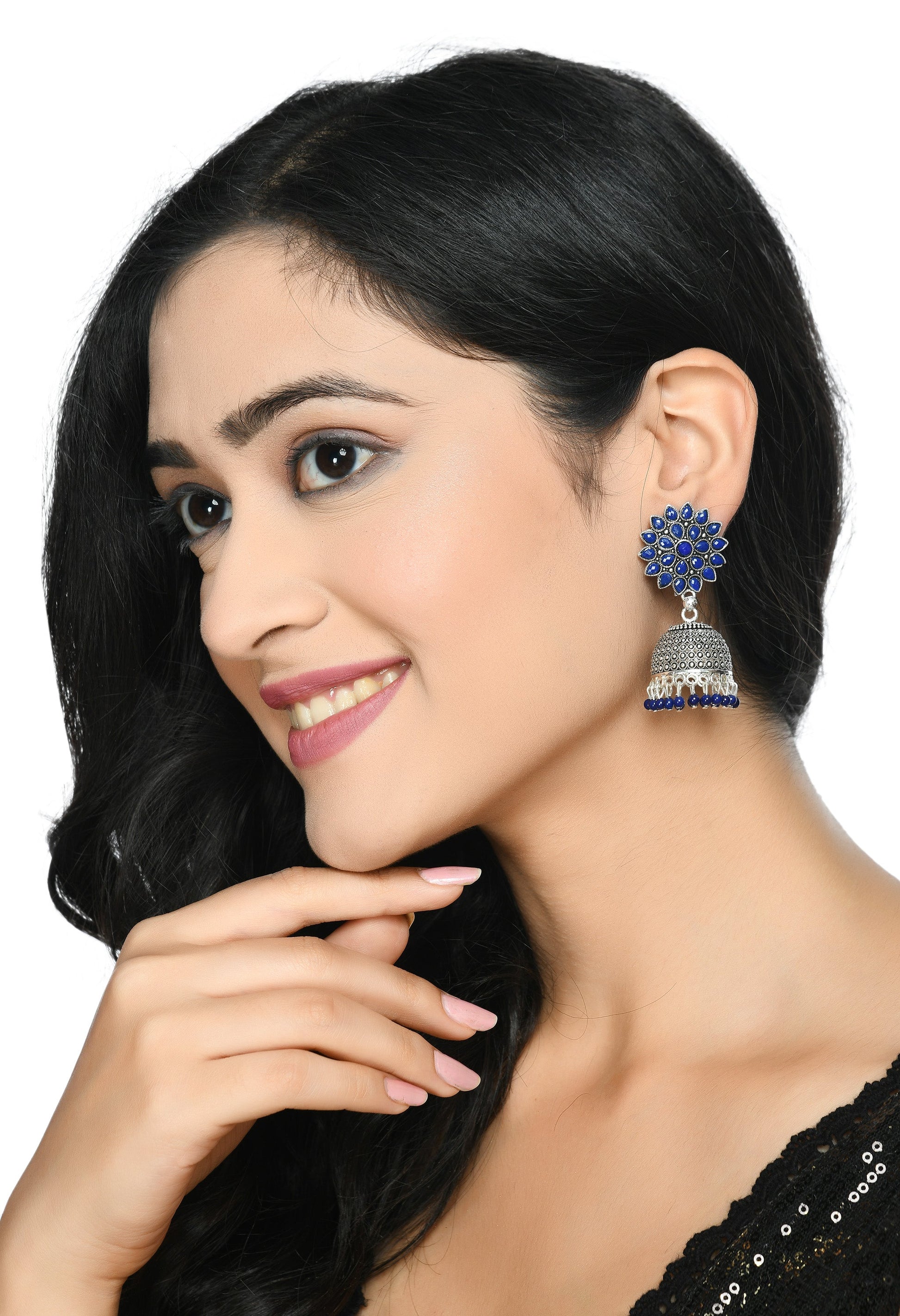 Mominos Fashion Joharkamal Kundan work Jhumka with Blue Beads - Swadesiicart