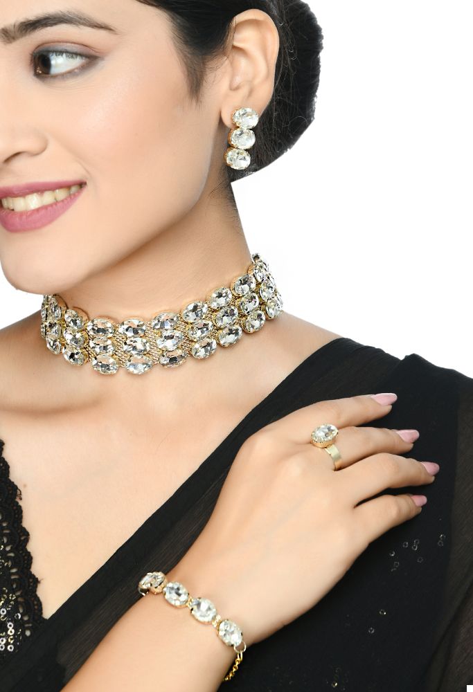 Mominos Fashion Johar Kamal Gold-Polished Finish Stone Choker For Women (White) | Swadesiicart