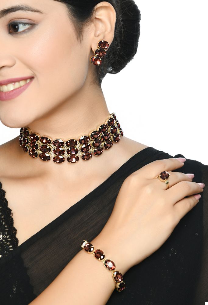 Mominos Fashion Johar Kamal Gold-Polished Finish Stone Choker For Women (Brown) | Swadesiicart