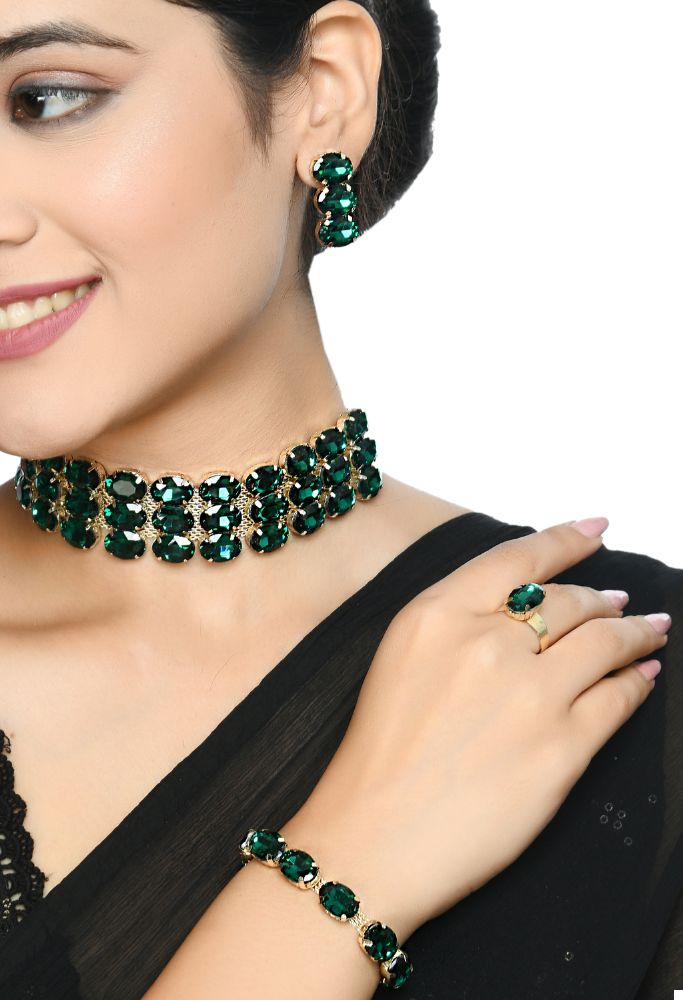 Mominos Fashion Johar Kamal Gold-Polished Finish Stone Choker For Women (Green) | Swadesiicart