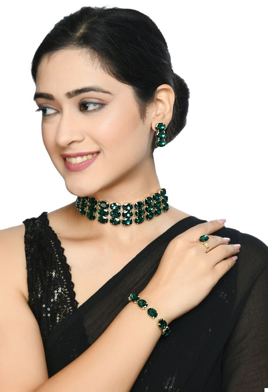 Mominos Fashion Johar Kamal Gold-Polished Finish Stone Choker For Women (Green) | Swadesiicart