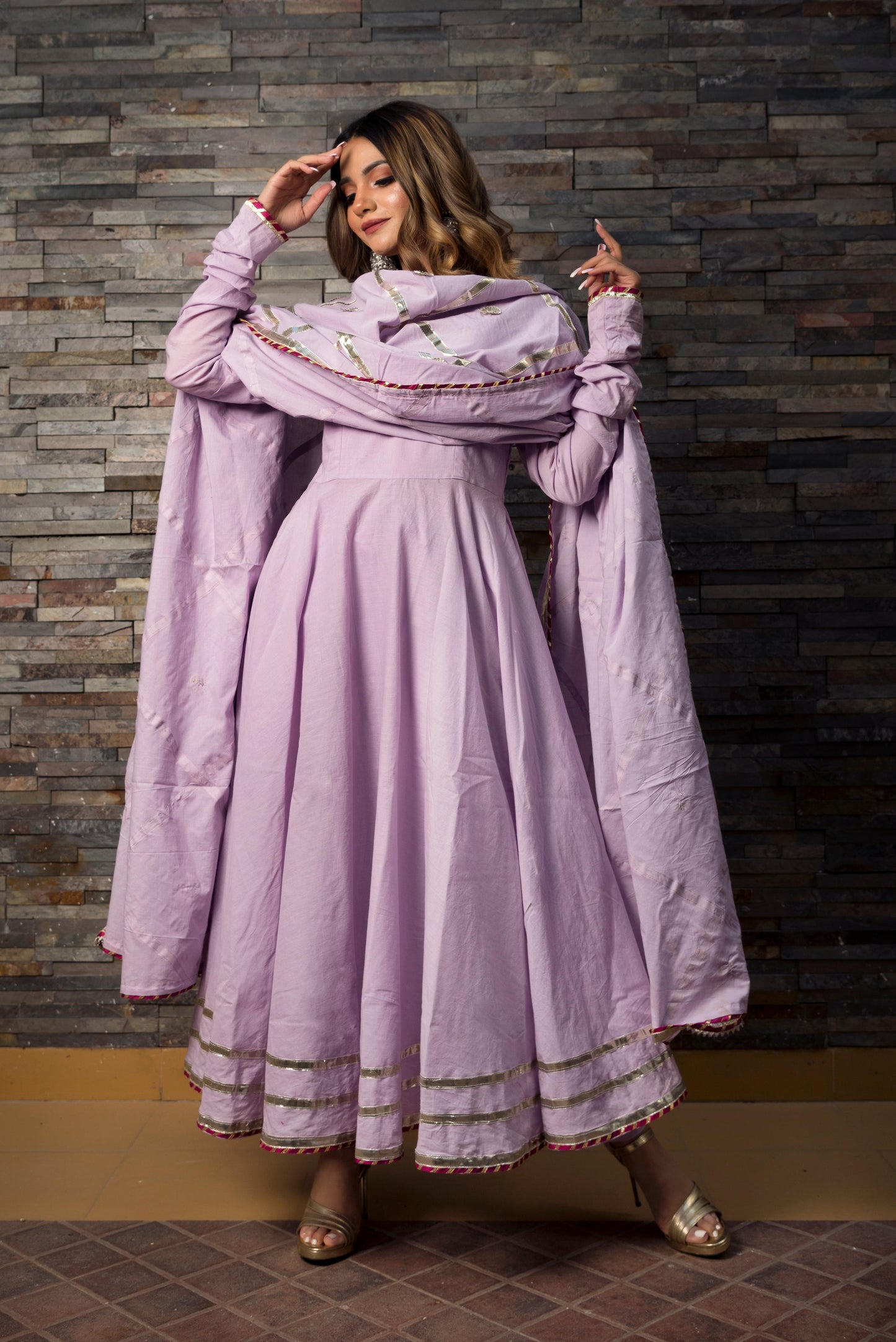 Pomcha Sweet Pea Lavender Pure Cotton Anarkali Set | Swadesiicart