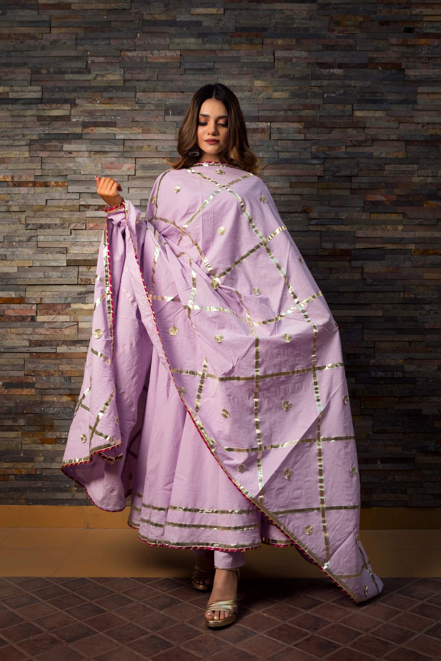 Pomcha Sweet Pea Lavender Pure Cotton Anarkali Set | Swadesiicart