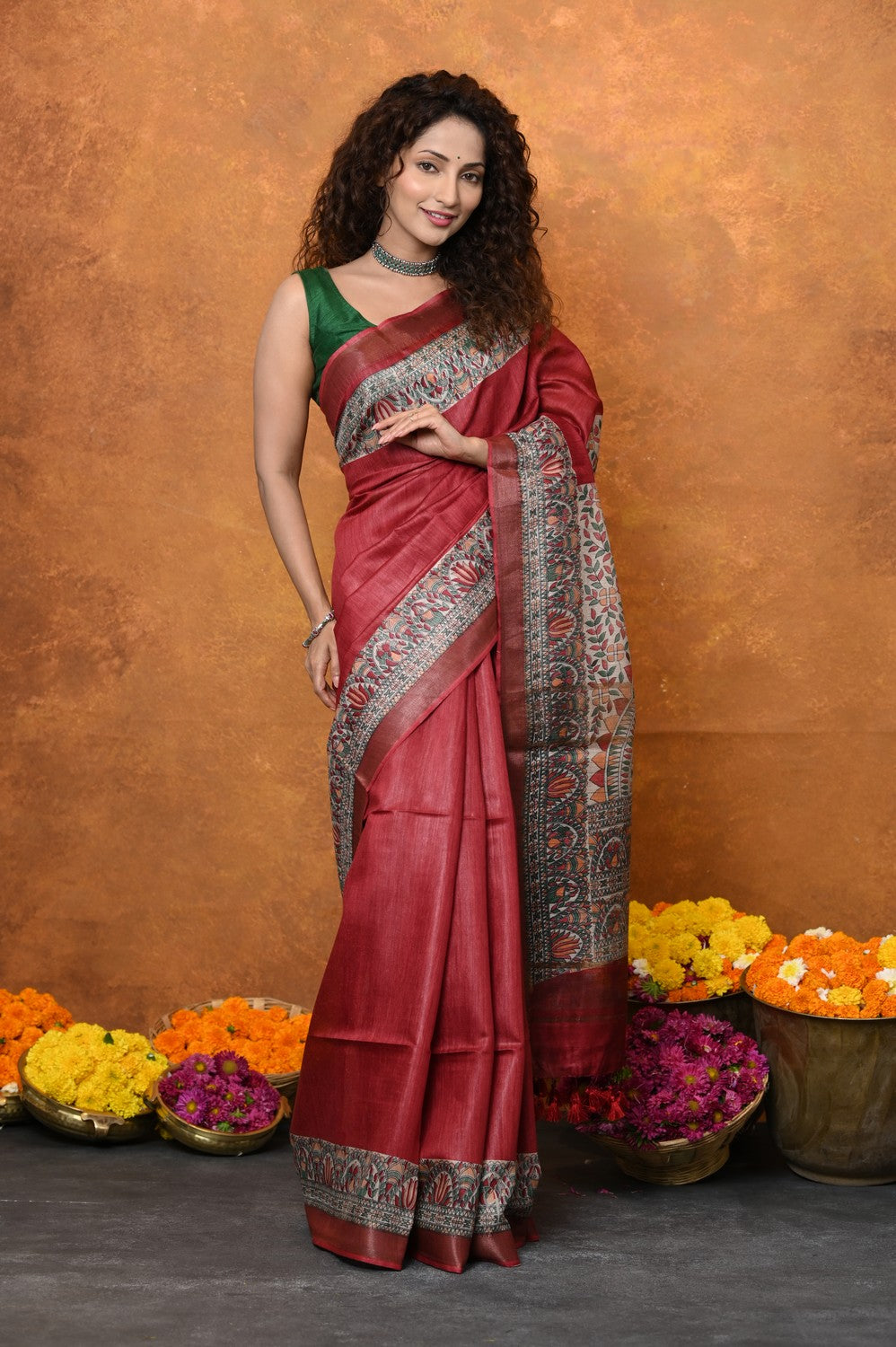 Very Much Indian Designed By VMI - Handloom Pure Tussar Silk Saree With Beautiful Madhubani Print - Red | Swadesiicart