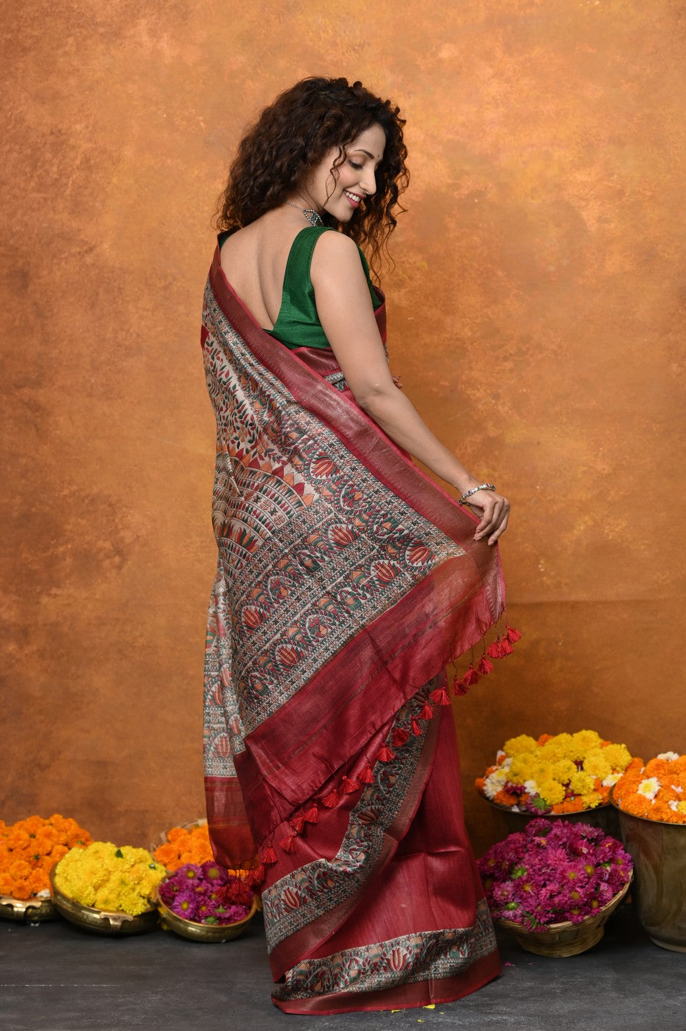 Very Much Indian Designed By VMI - Handloom Pure Tussar Silk Saree With Beautiful Madhubani Print - Red | Swadesiicart