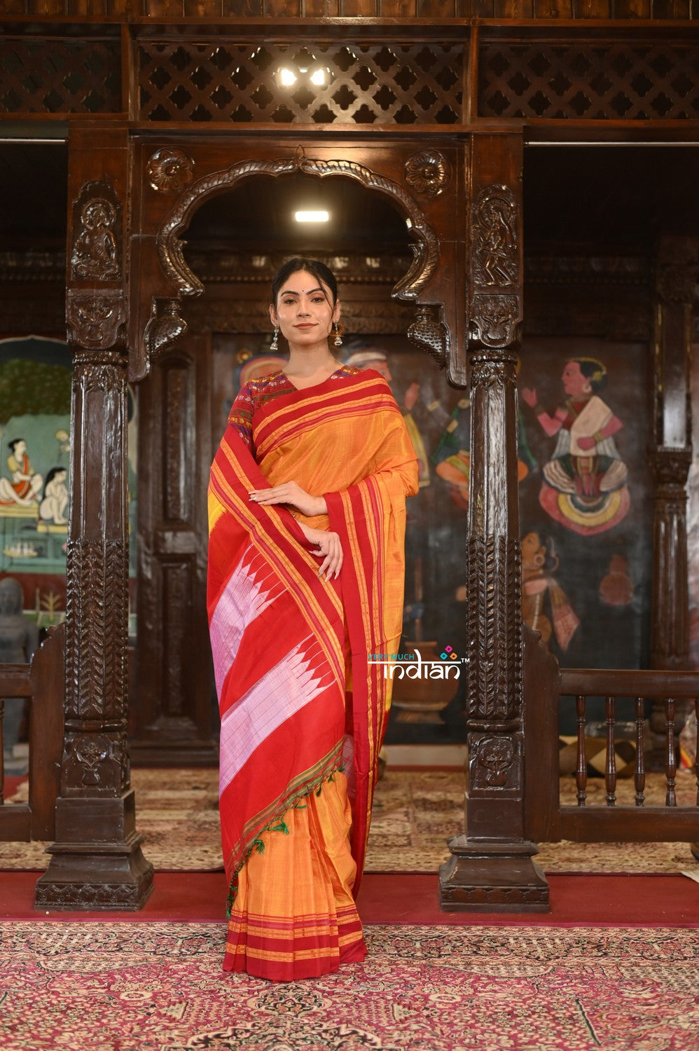 Very Much Indian Handloom Cotton Viscose Ilkal Saree With Pure Resham Pallu - Bright Mustard Yellow With Red Border | Swadesiicart